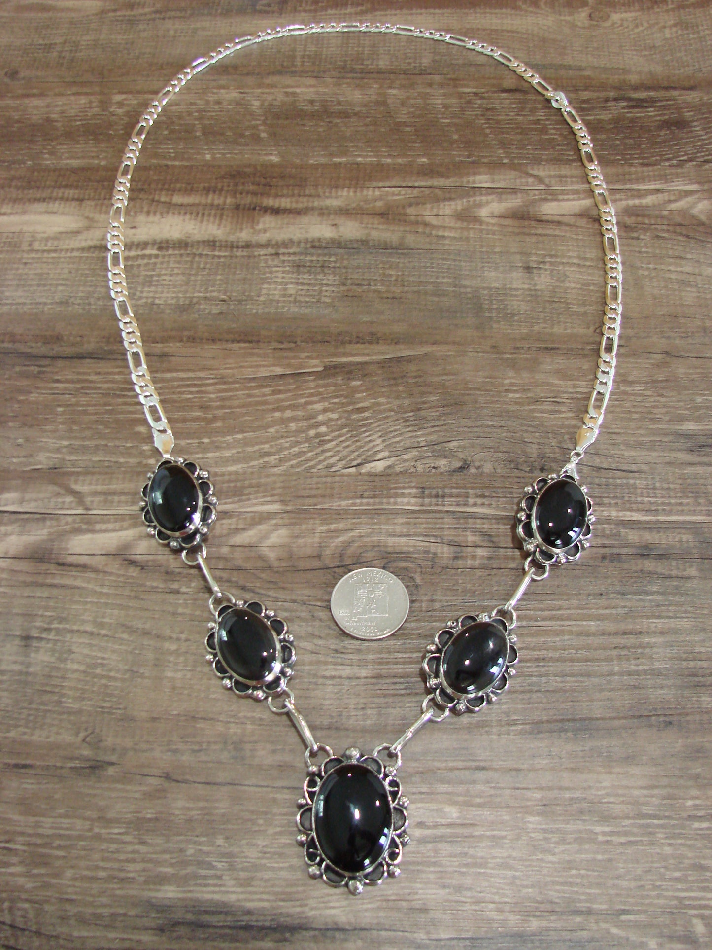 Navajo Indian Nickel Silver & Onyx Link Necklace Signed Cleveland
