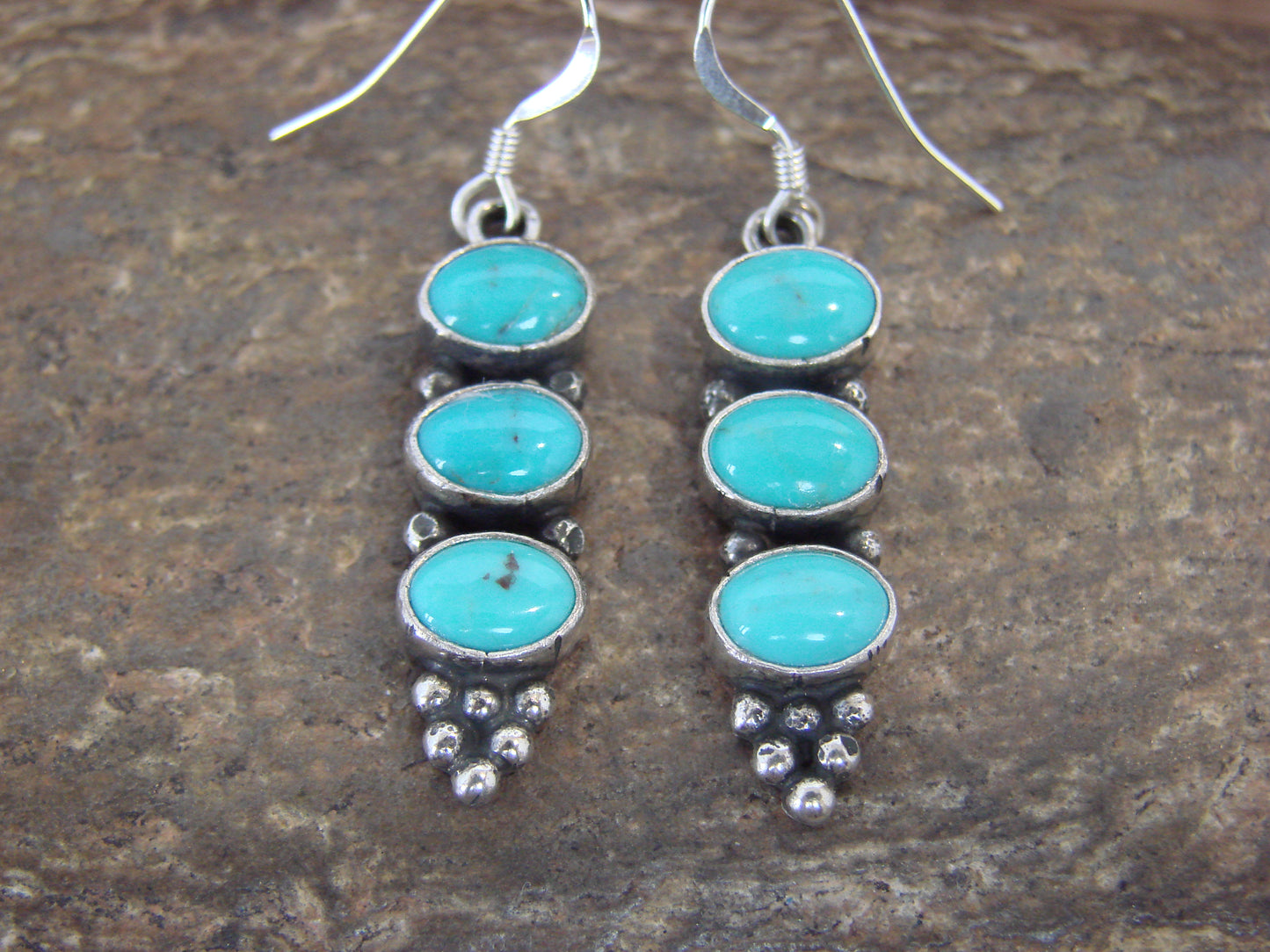 Native American Sterling Silver & Turquoise Row Dangle Earrings by Shorty