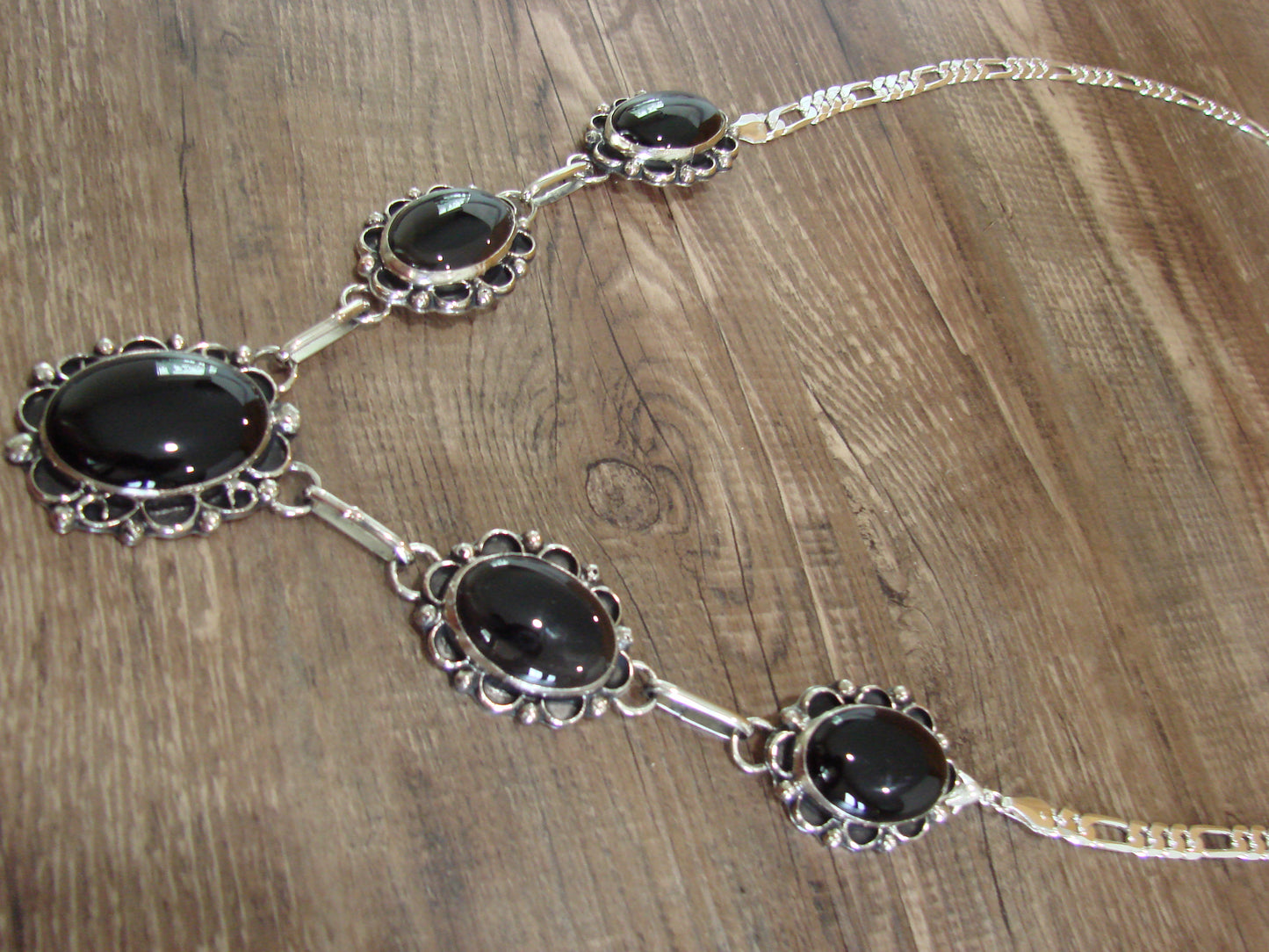 Navajo Indian Nickel Silver & Onyx Link Necklace Signed Cleveland