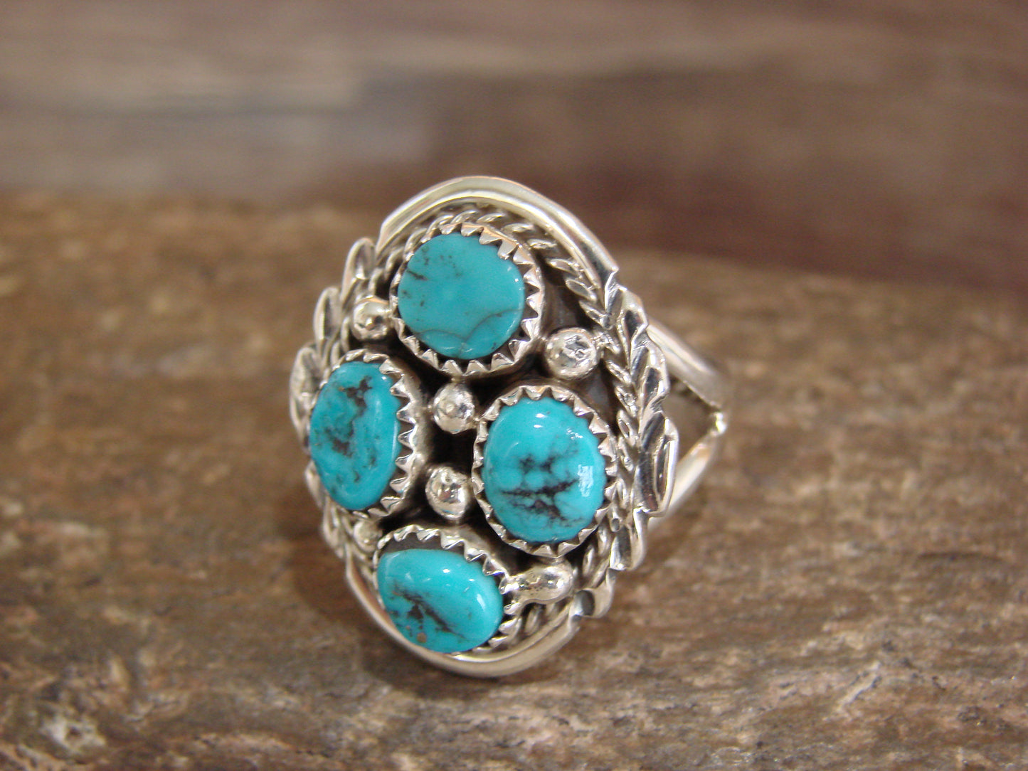 Native American Sterling Silver Turquoise Cluster Ring - Chee - Size 7