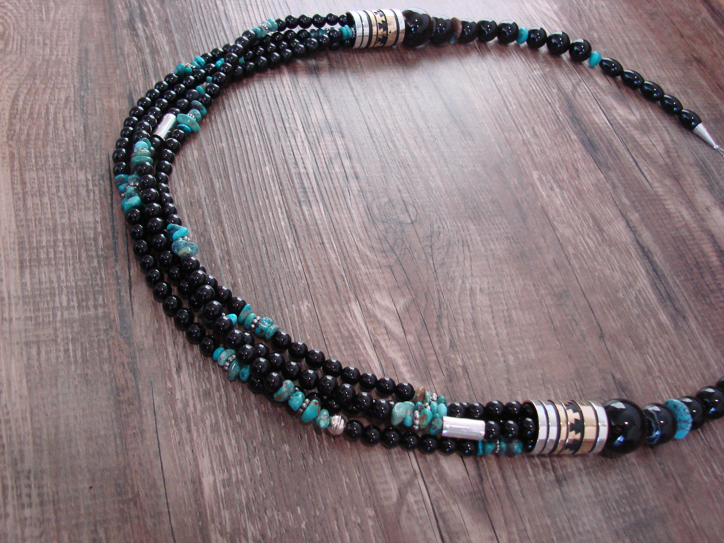 Native American Sterling Silver & Onyx 30" Gemstone Necklace by Singer