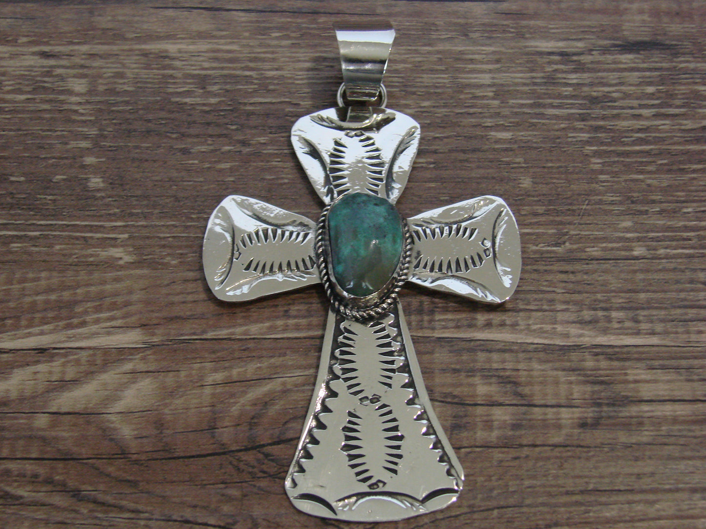 Large Native American Nickel Silver & Turquoise Cross Pendant - Cleveland