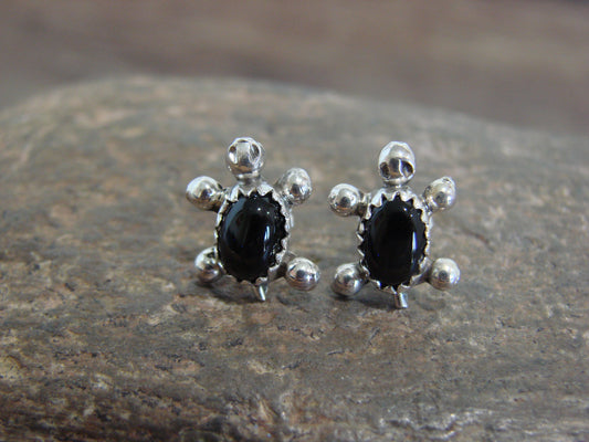 Native American Sterling Silver Onyx Turtle Post Earrings by Kinsel