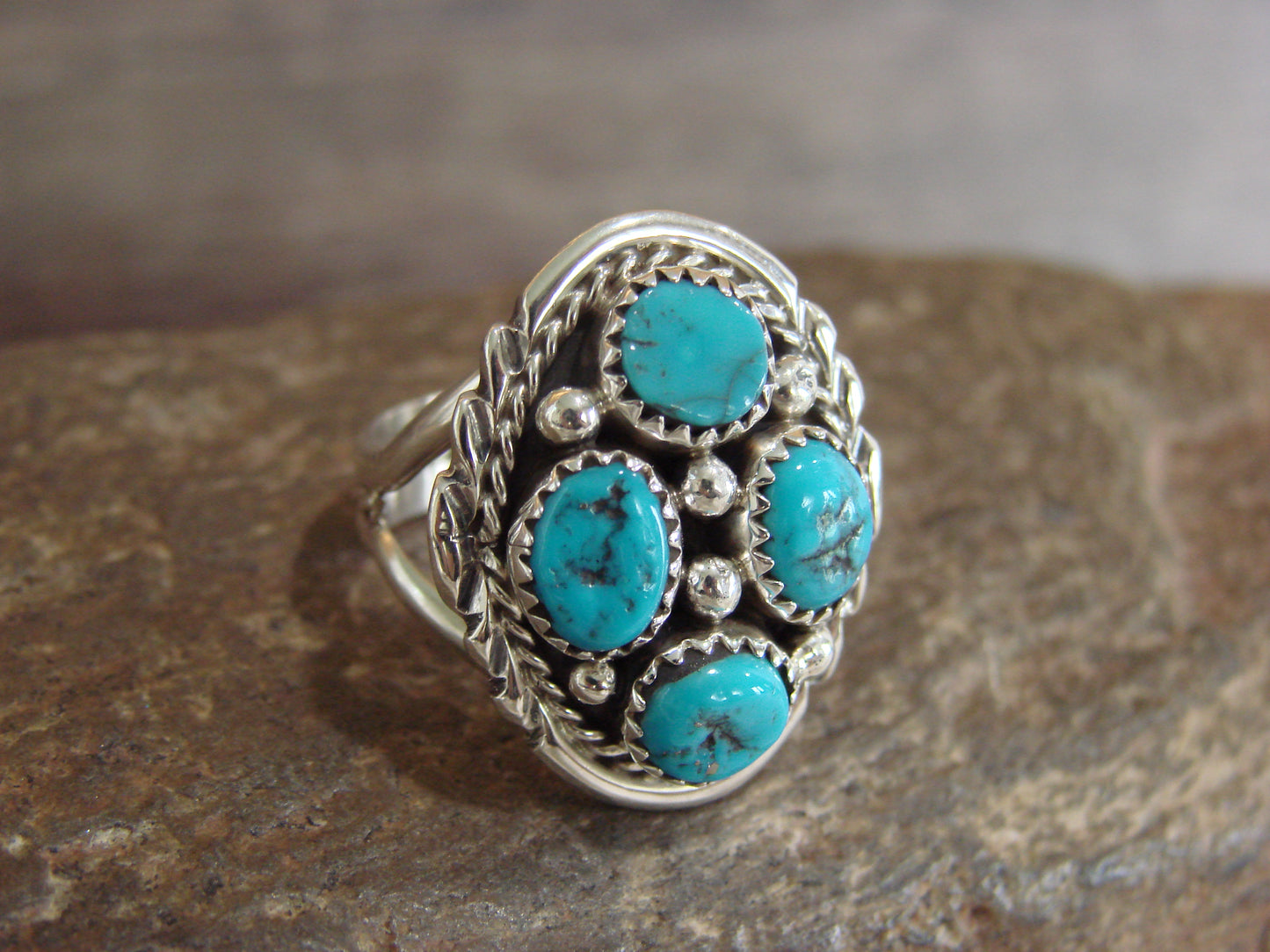 Native American Sterling Silver Turquoise Cluster Ring - Chee - Size 7