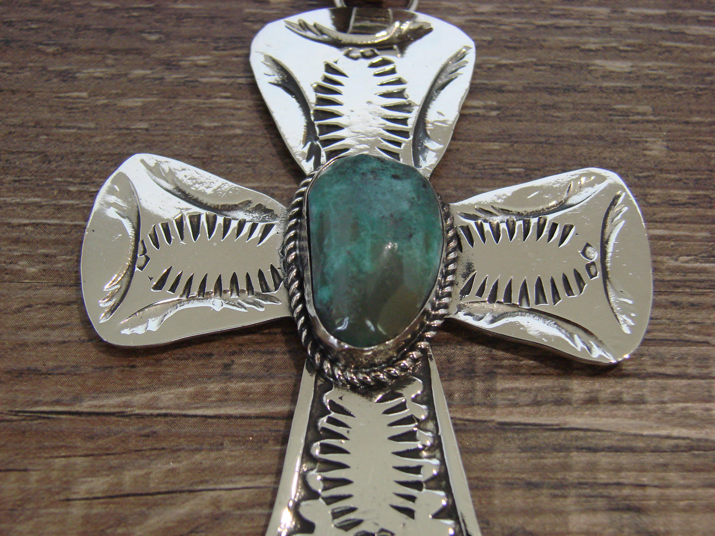 Large Native American Nickel Silver & Turquoise Cross Pendant - Cleveland