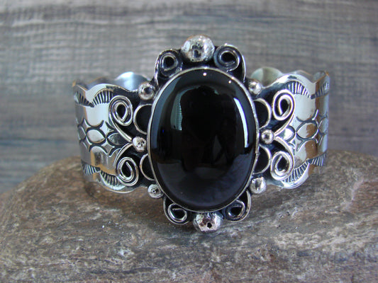 Navajo Indian Nickel Silver & Onyx Bracelet by Cleveland