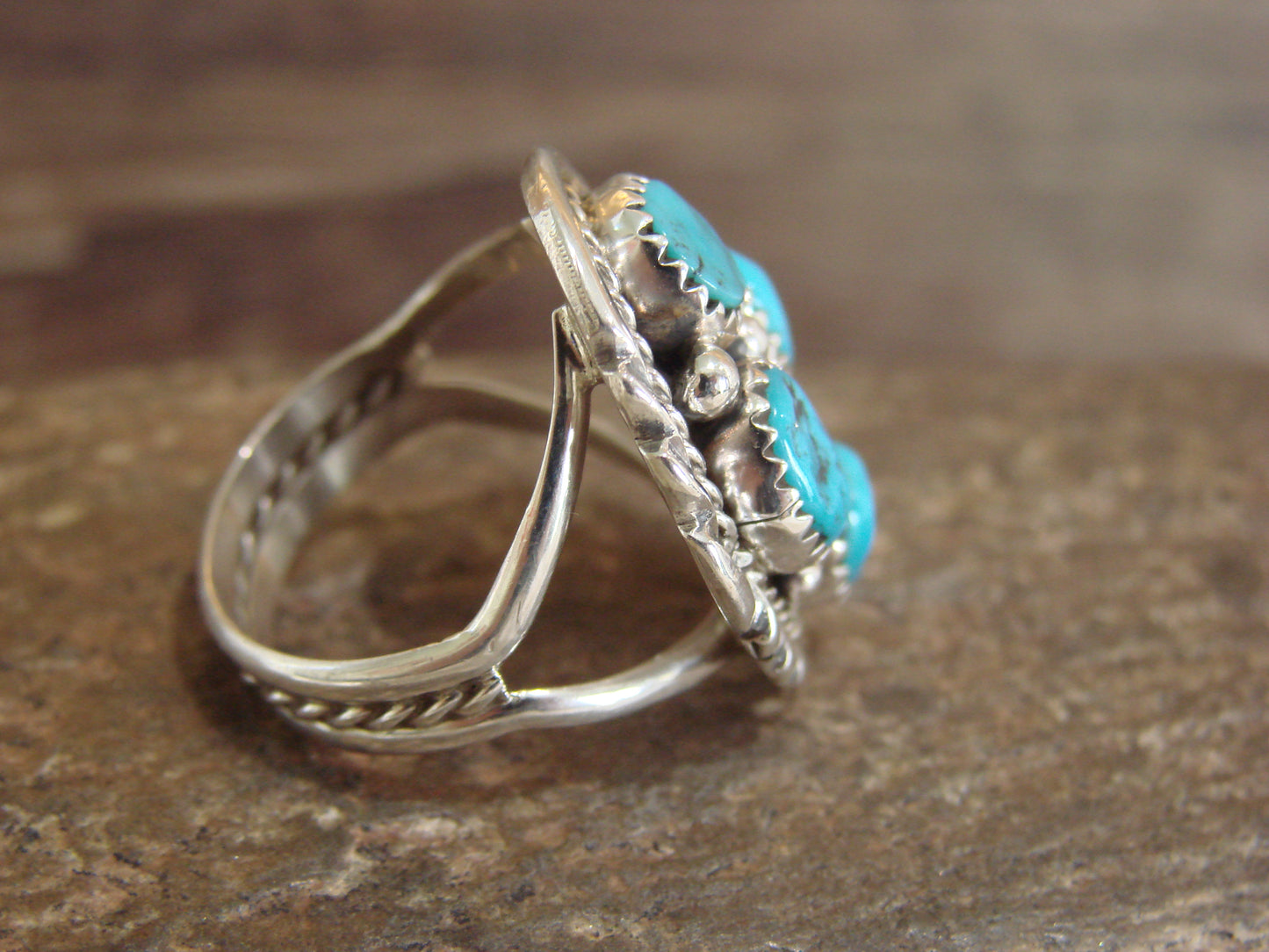 Native American Sterling Silver Turquoise Cluster Ring - Chee - Size 7