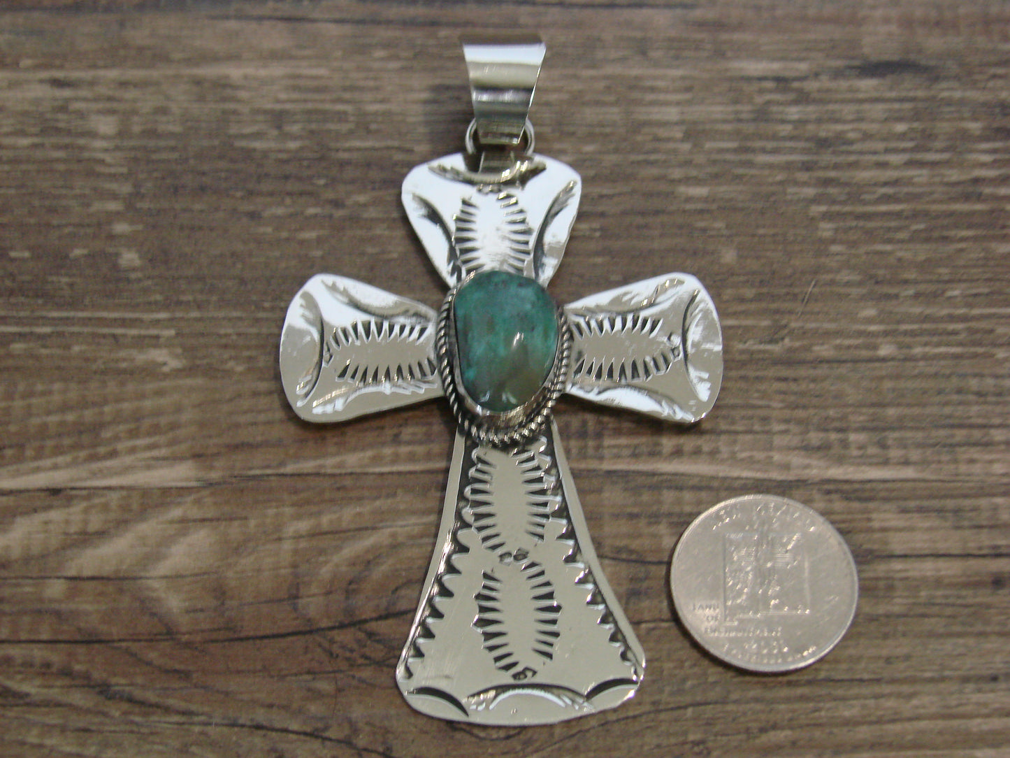 Large Native American Nickel Silver & Turquoise Cross Pendant - Cleveland