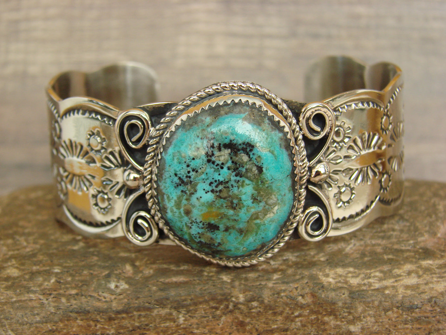 Native American Nickel Silver & Turquoise Bracelet by Cleveland