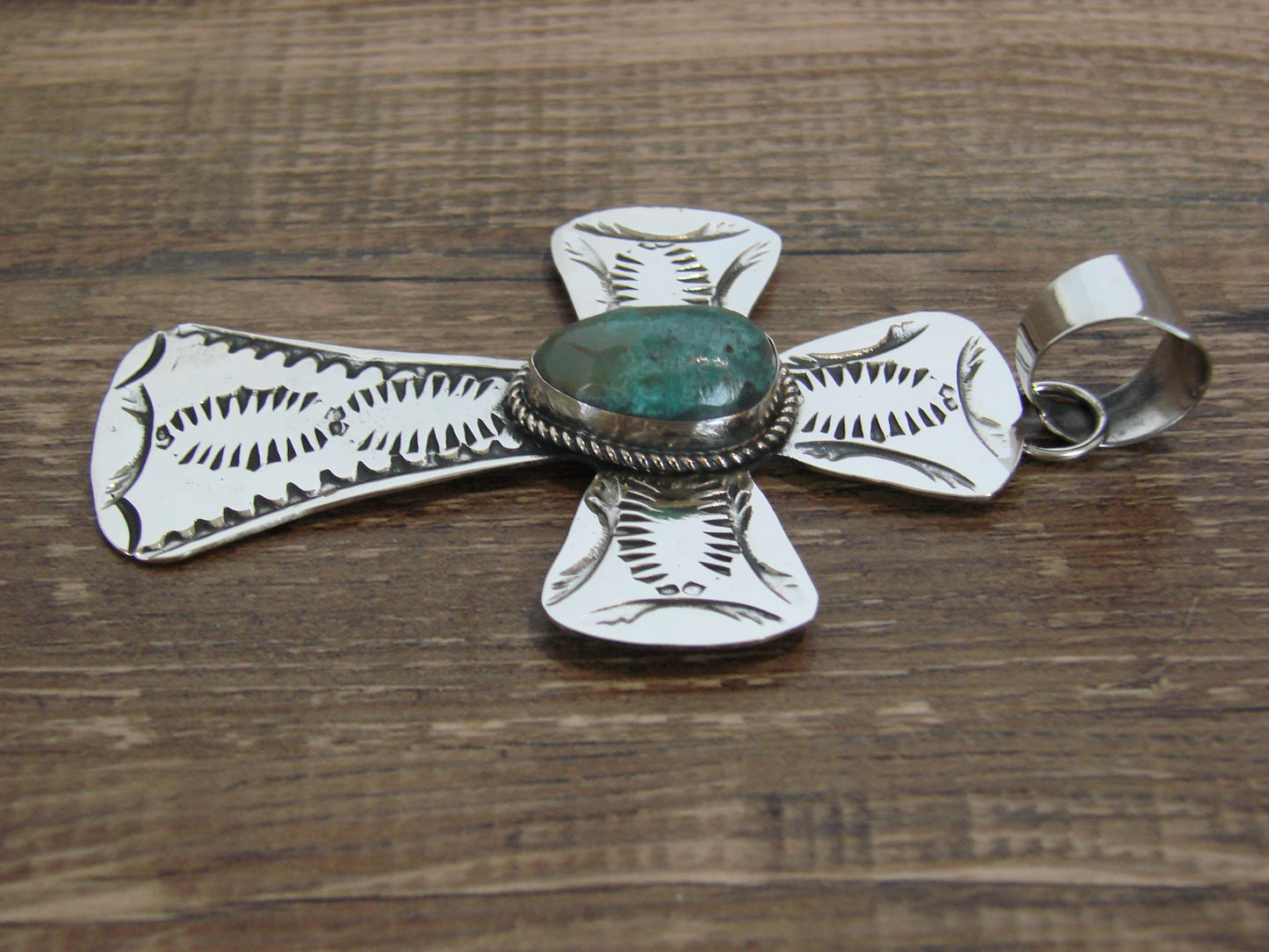 Large Native American Nickel Silver & Turquoise Cross Pendant - Cleveland