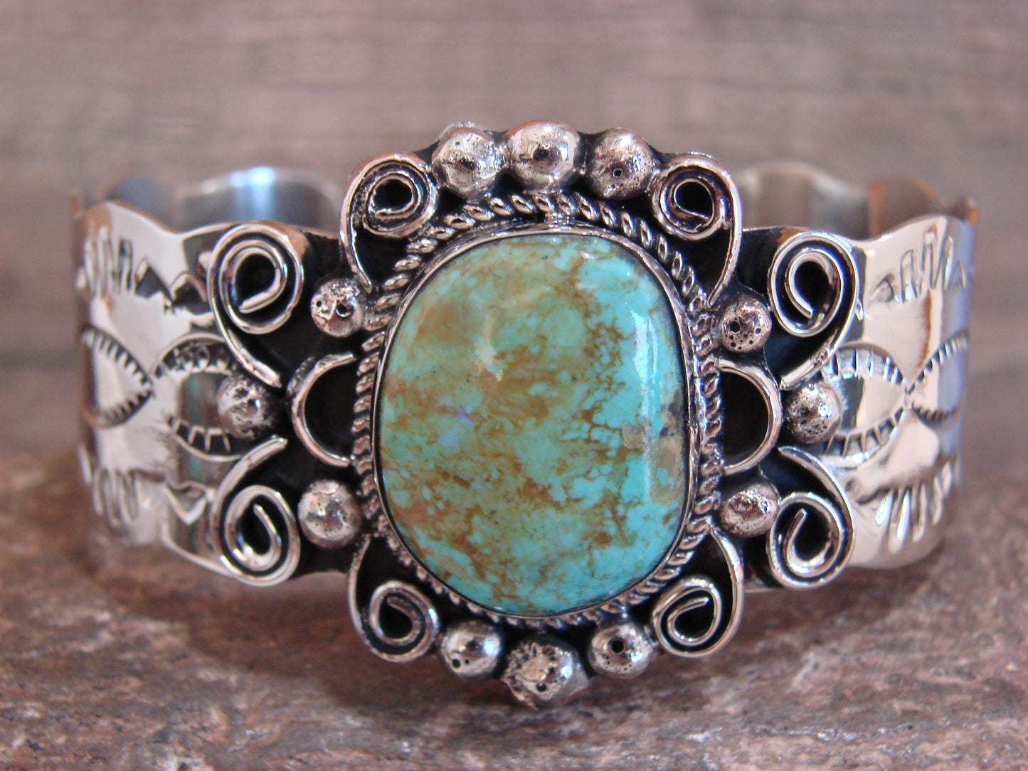 Native American Nickel Silver & Turquoise Bracelet by Cleveland