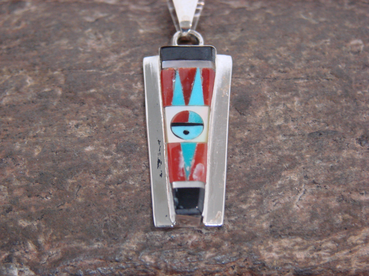 Native American Sterling Silver & Turquoise Inlay Sunface Pendant - Edaakie
