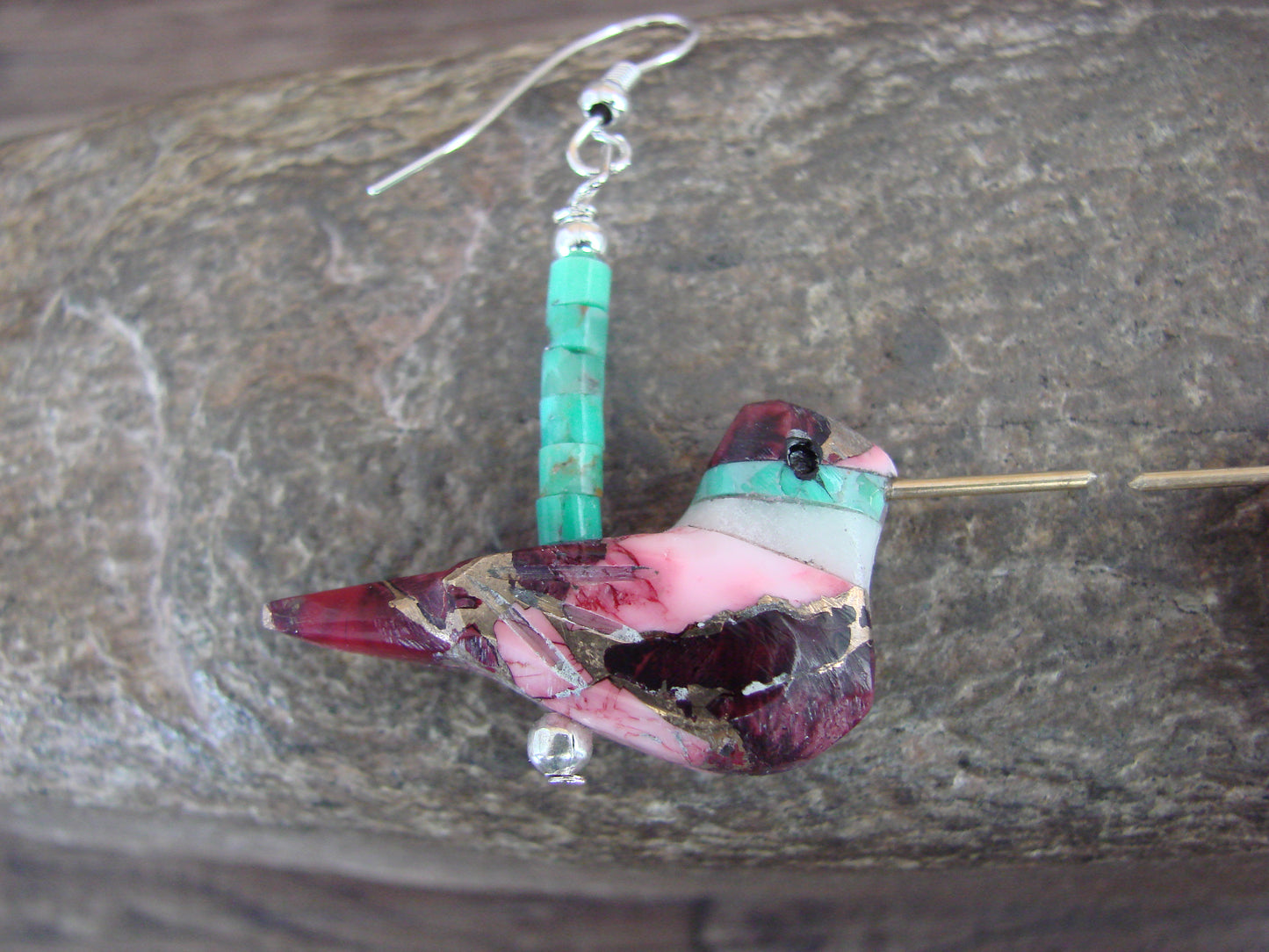 Purple Mohave Turquoise Bronze Aggregate Hummingbird Fetish Earrings - Mitchell