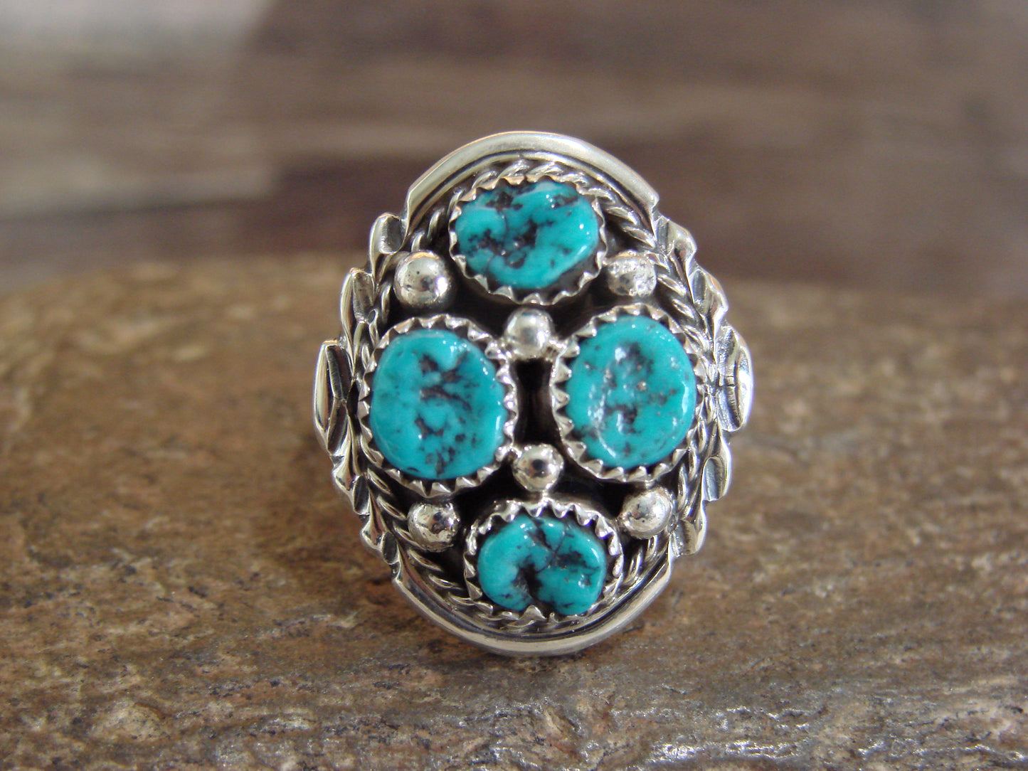Native American Sterling Silver Turquoise Cluster Ring - Chee - Size 7