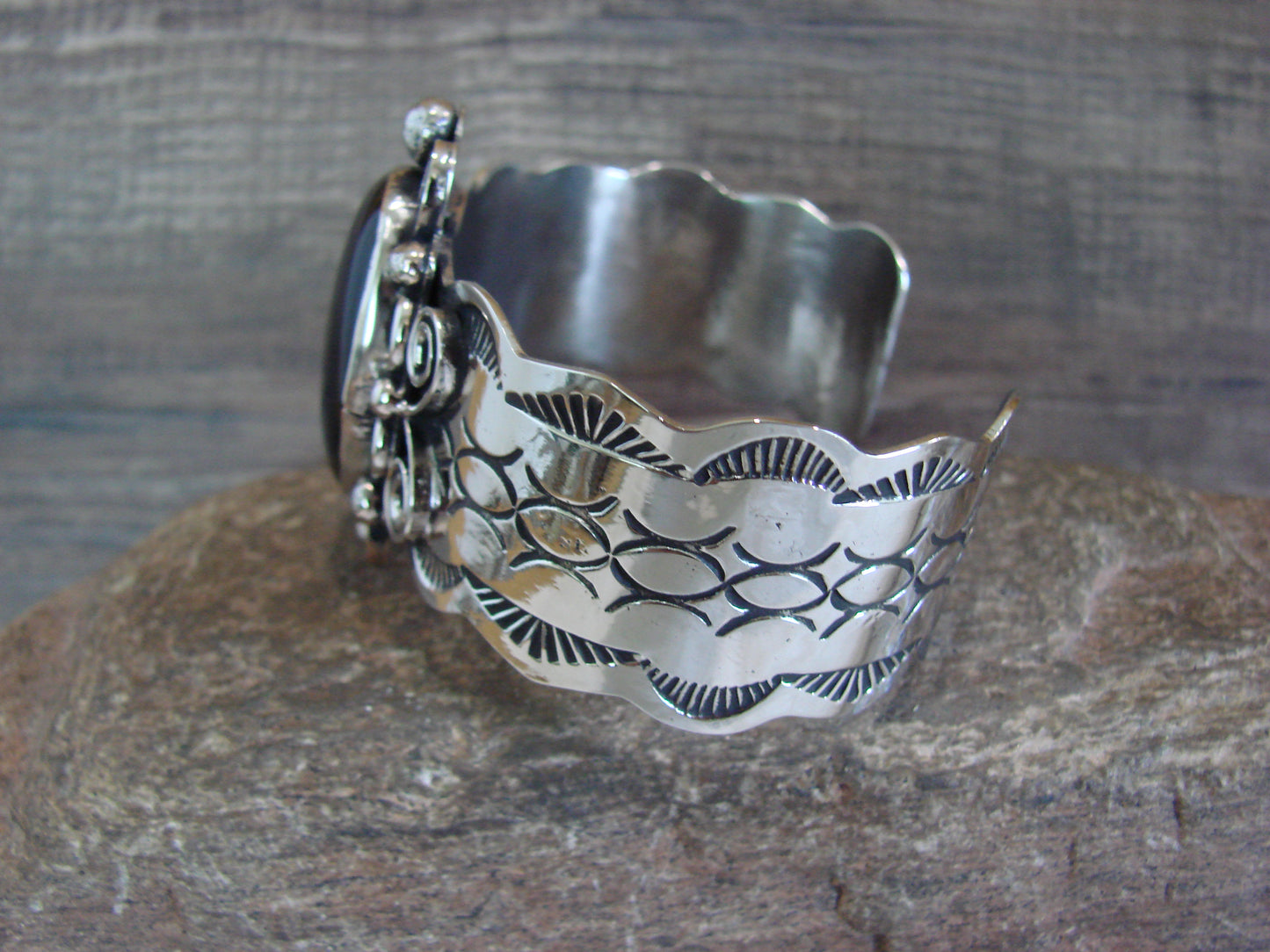 Navajo Indian Nickel Silver & Onyx Bracelet by Cleveland