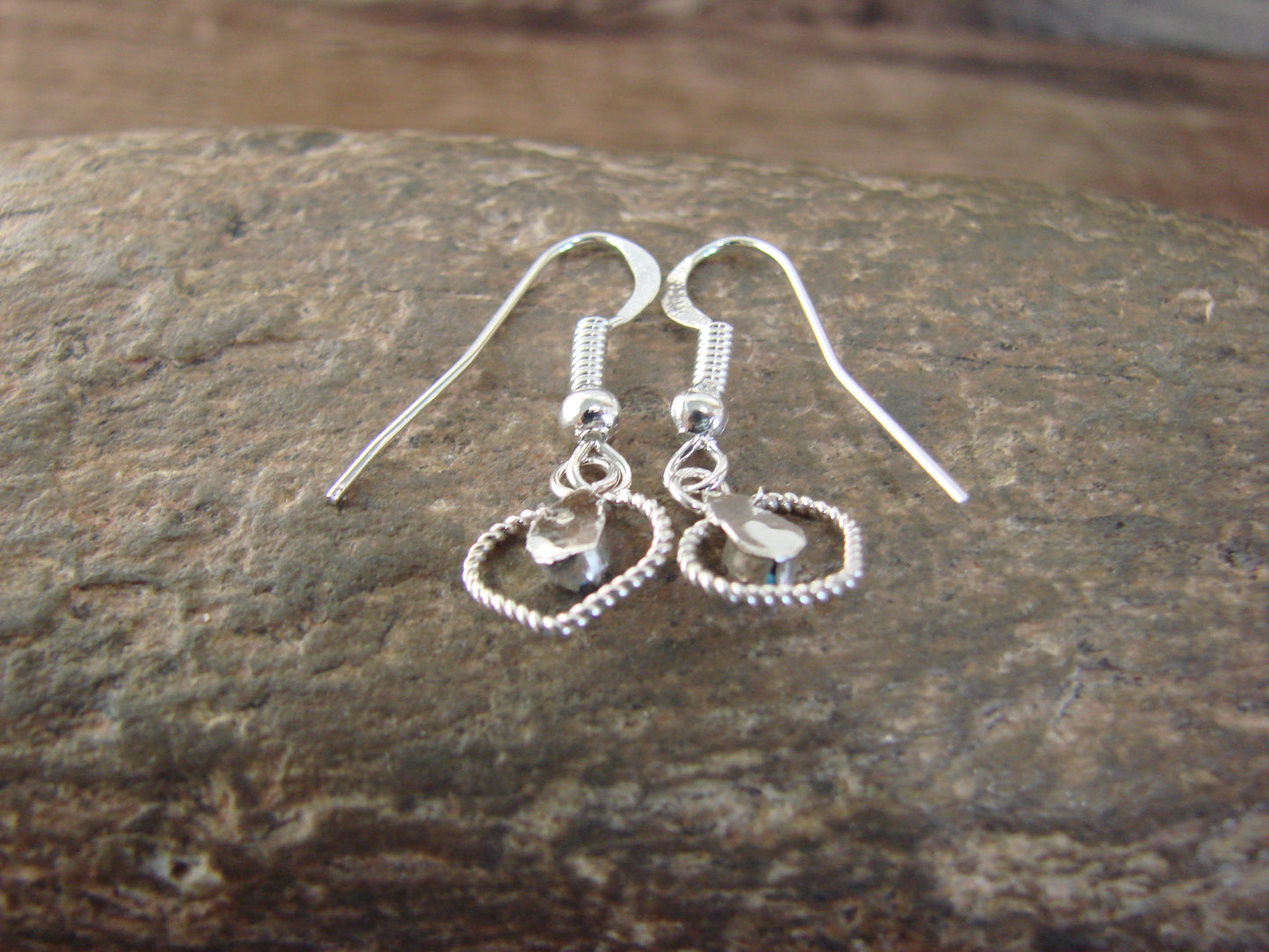 Native American Sterling Silver & Turquoise Heart Dangle Earrings - Pablito