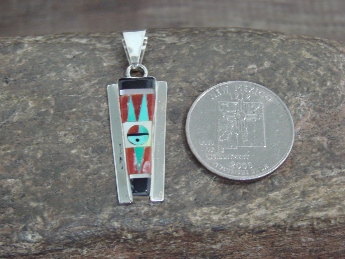 Native American Sterling Silver & Turquoise Inlay Sunface Pendant - Edaakie