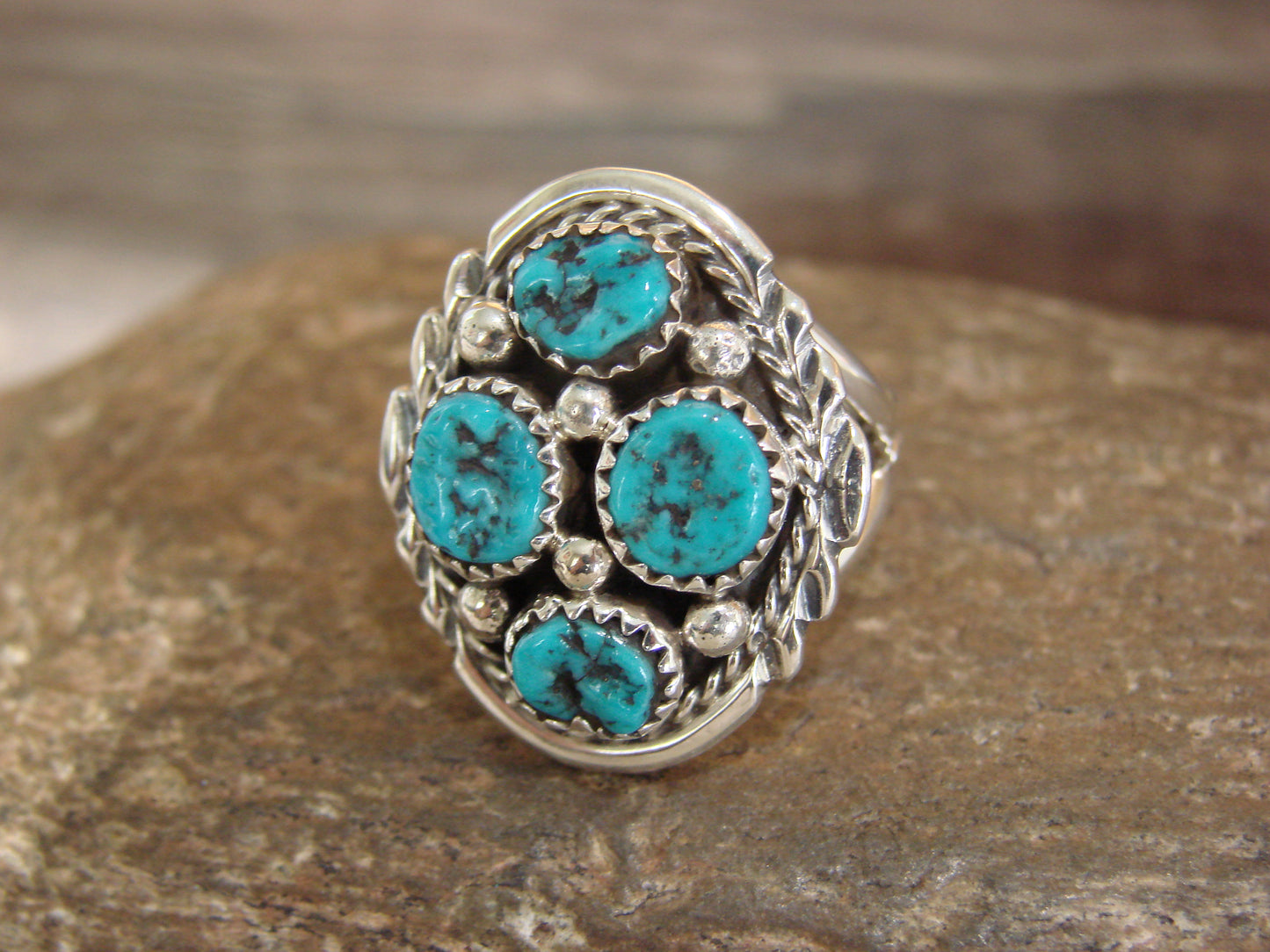 Native American Sterling Silver Turquoise Cluster Ring - Chee - Size 7