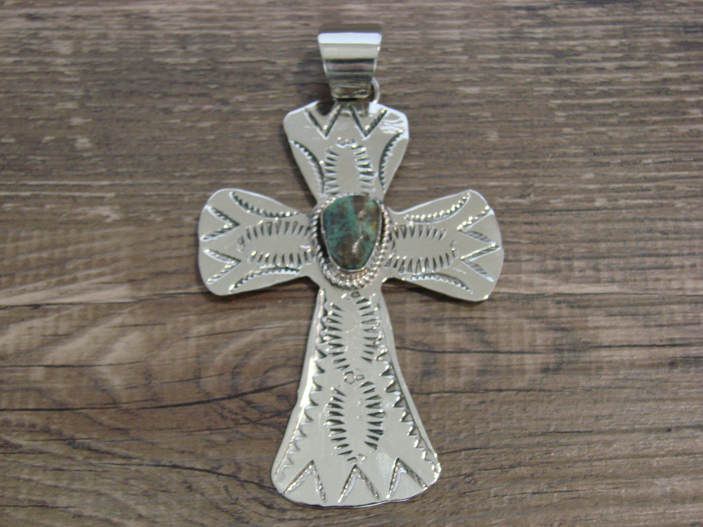Large Native American Nickel Silver & Turquoise Cross Pendant - Cleveland