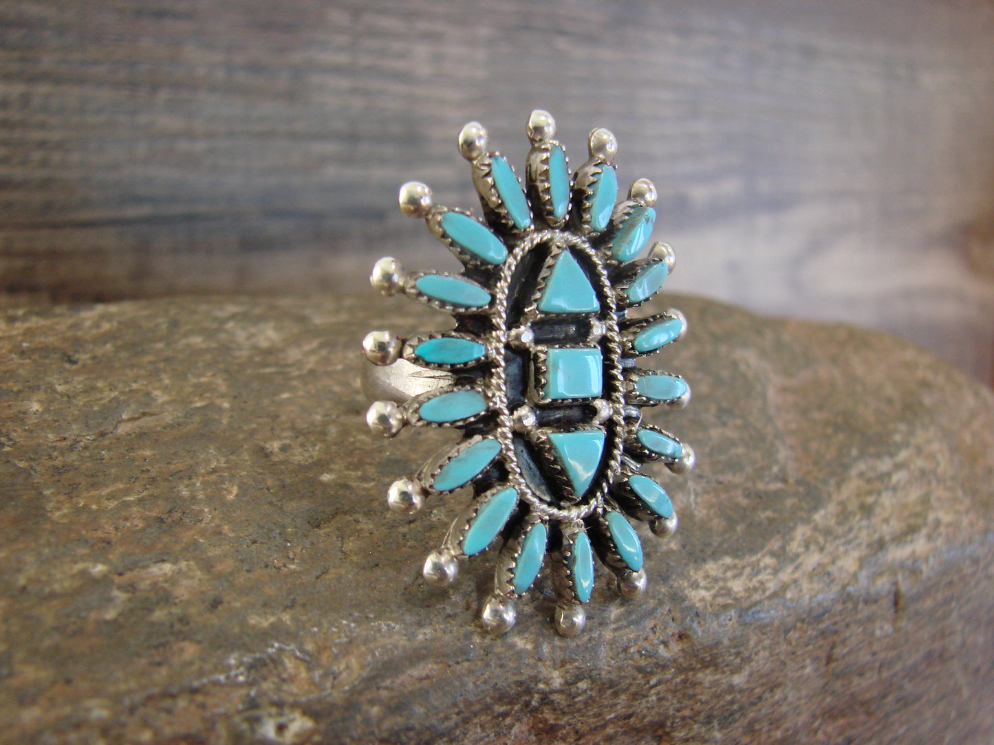 Native American Sterling Silver & Turquoise Cluster Needlepoint Ring - Hustito - Size 7
