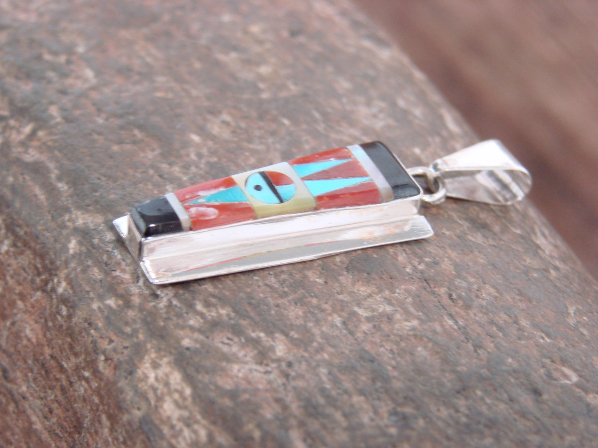 Native American Sterling Silver & Turquoise Inlay Sunface Pendant - Edaakie