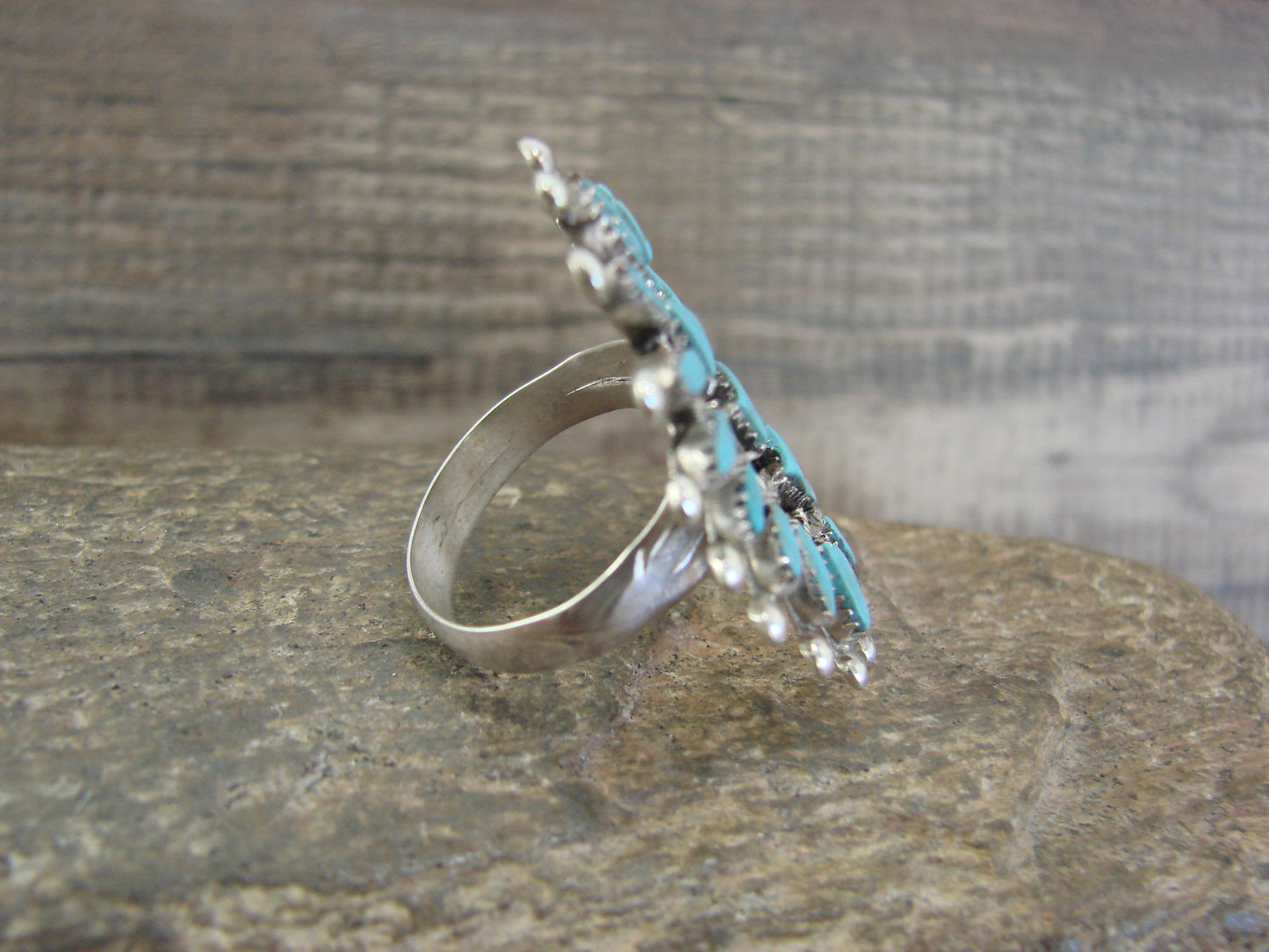 Native American Sterling Silver & Turquoise Cluster Needlepoint Ring - Hustito - Size 7.5
