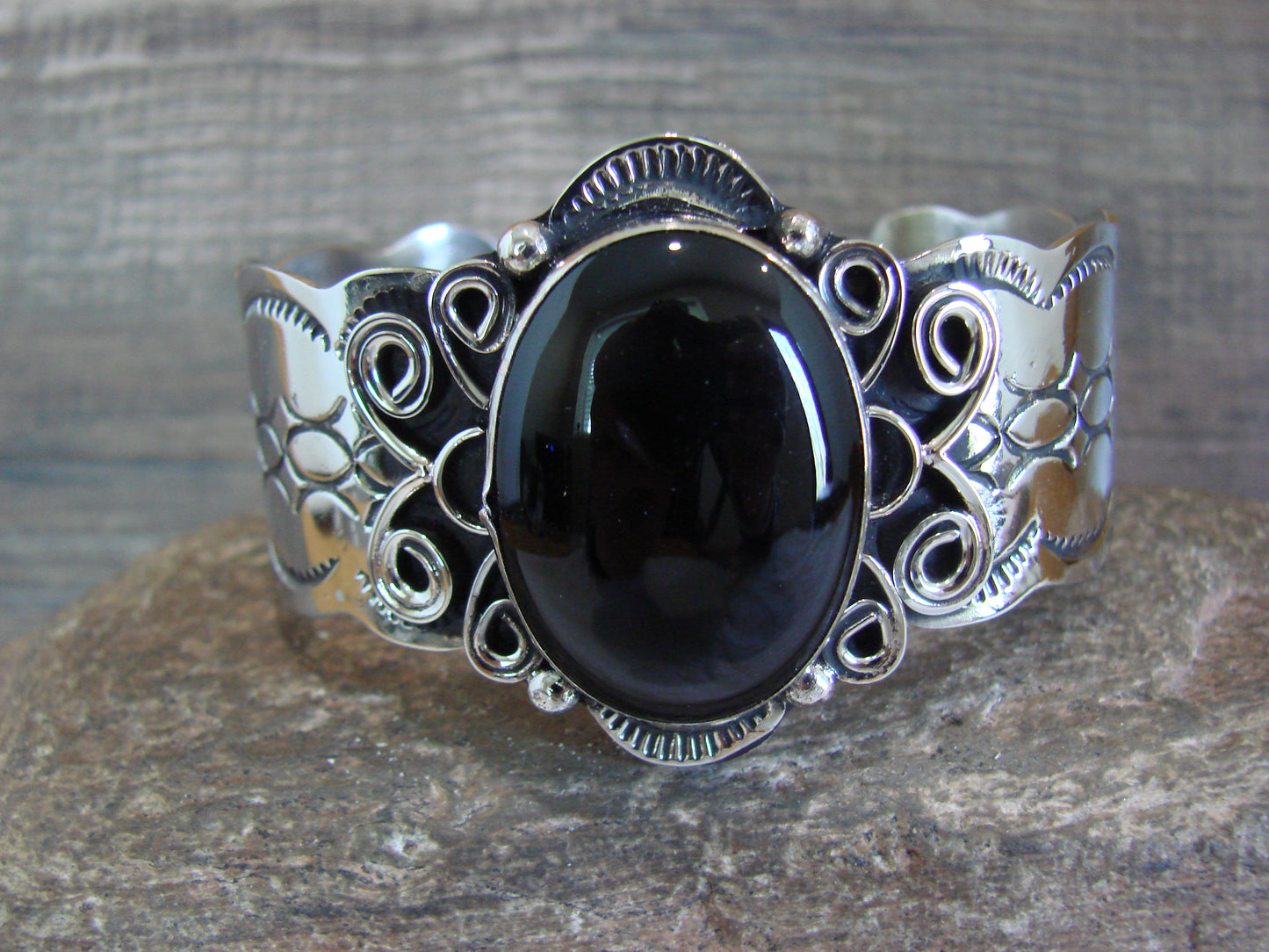 Navajo Indian Nickel Silver & Onyx Bracelet by Cleveland