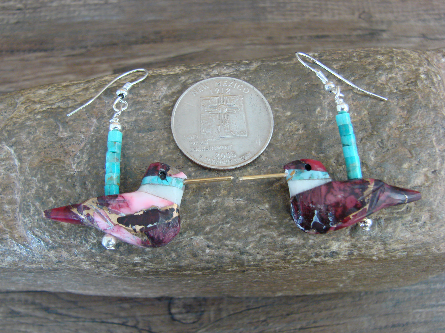 Purple Mohave Turquoise Bronze Aggregate Hummingbird Fetish Earrings - Mitchell