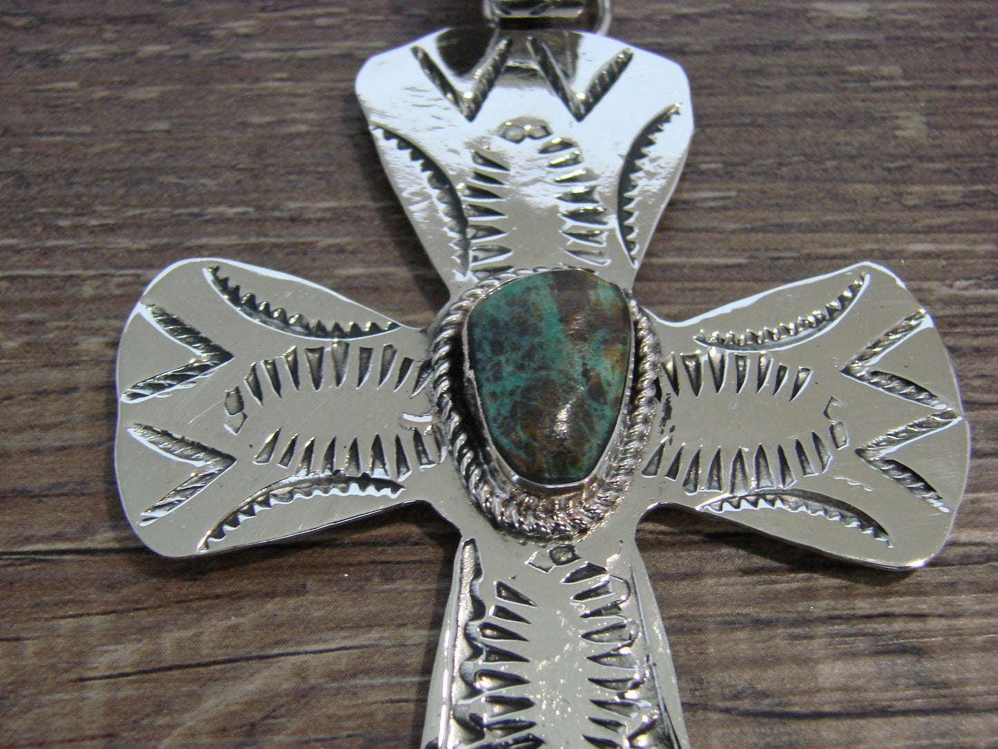 Large Native American Nickel Silver & Turquoise Cross Pendant - Cleveland