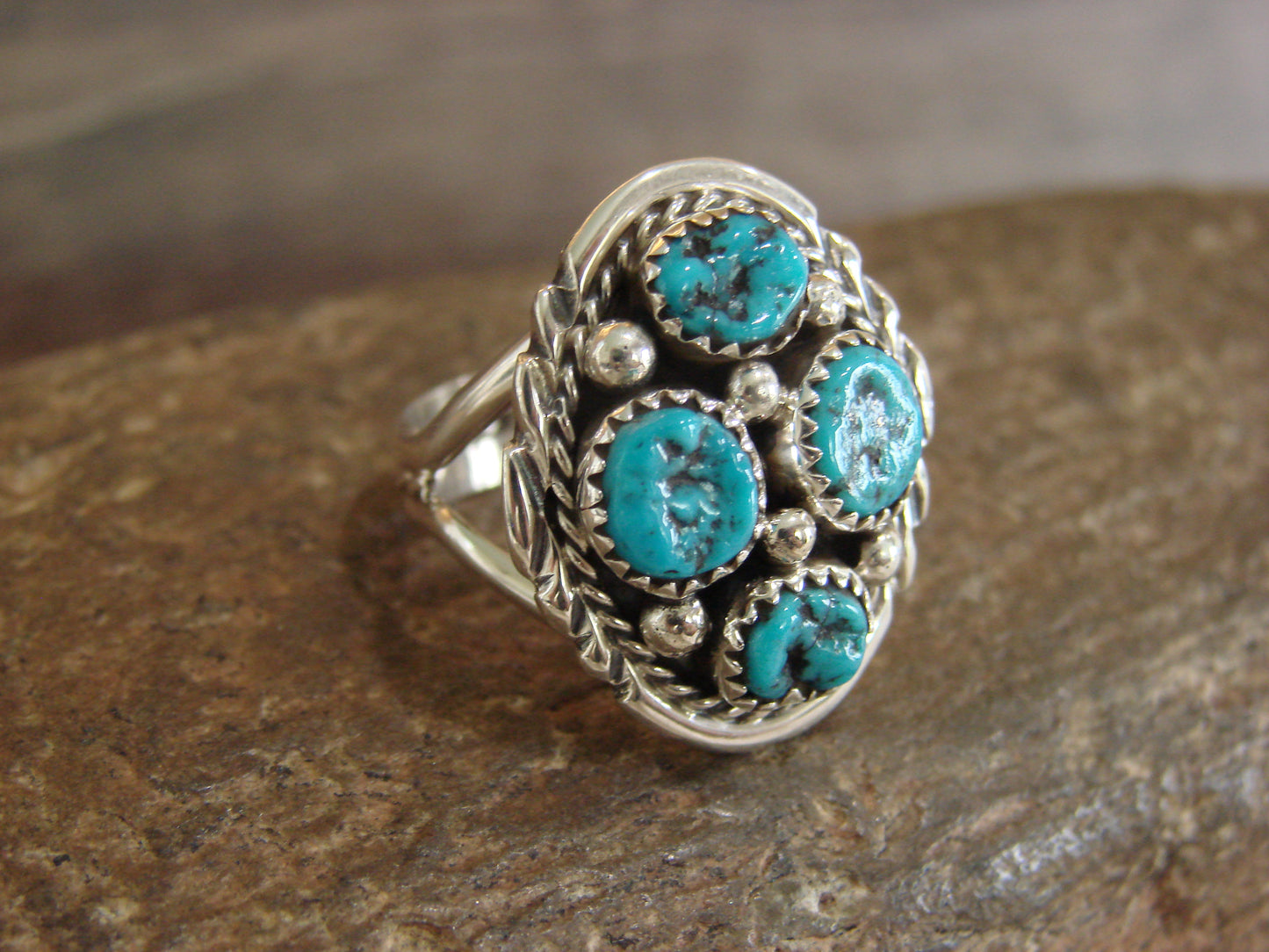 Native American Sterling Silver Turquoise Cluster Ring - Chee - Size 7
