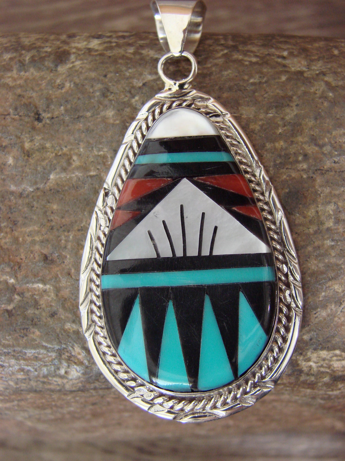 Native American Sterling Silver Multi Stone Inlay Pendant by Lamy
