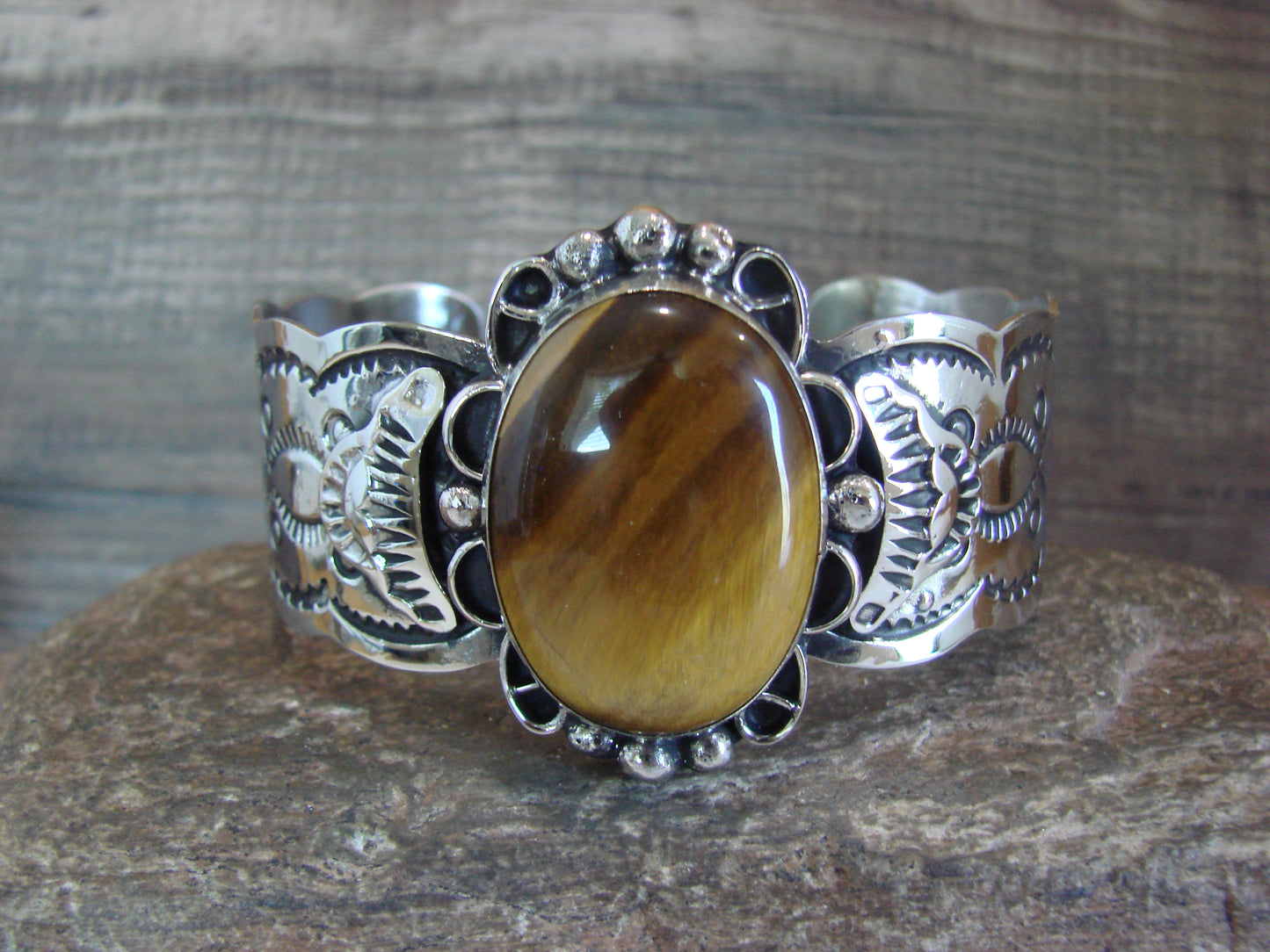 Navajo Indian Nickel Silver & Tiger Eye Bracelet by Cleveland