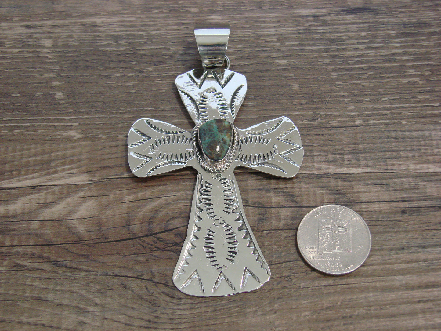Large Native American Nickel Silver & Turquoise Cross Pendant - Cleveland