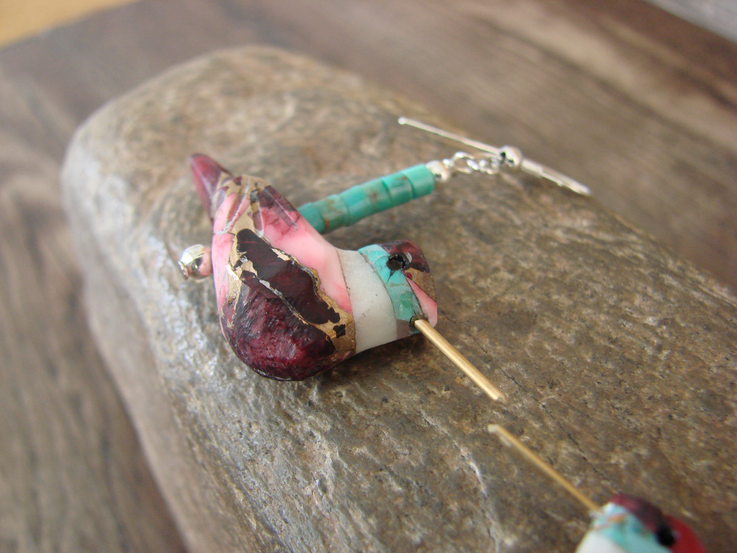 Purple Mohave Turquoise Bronze Aggregate Hummingbird Fetish Earrings - Mitchell