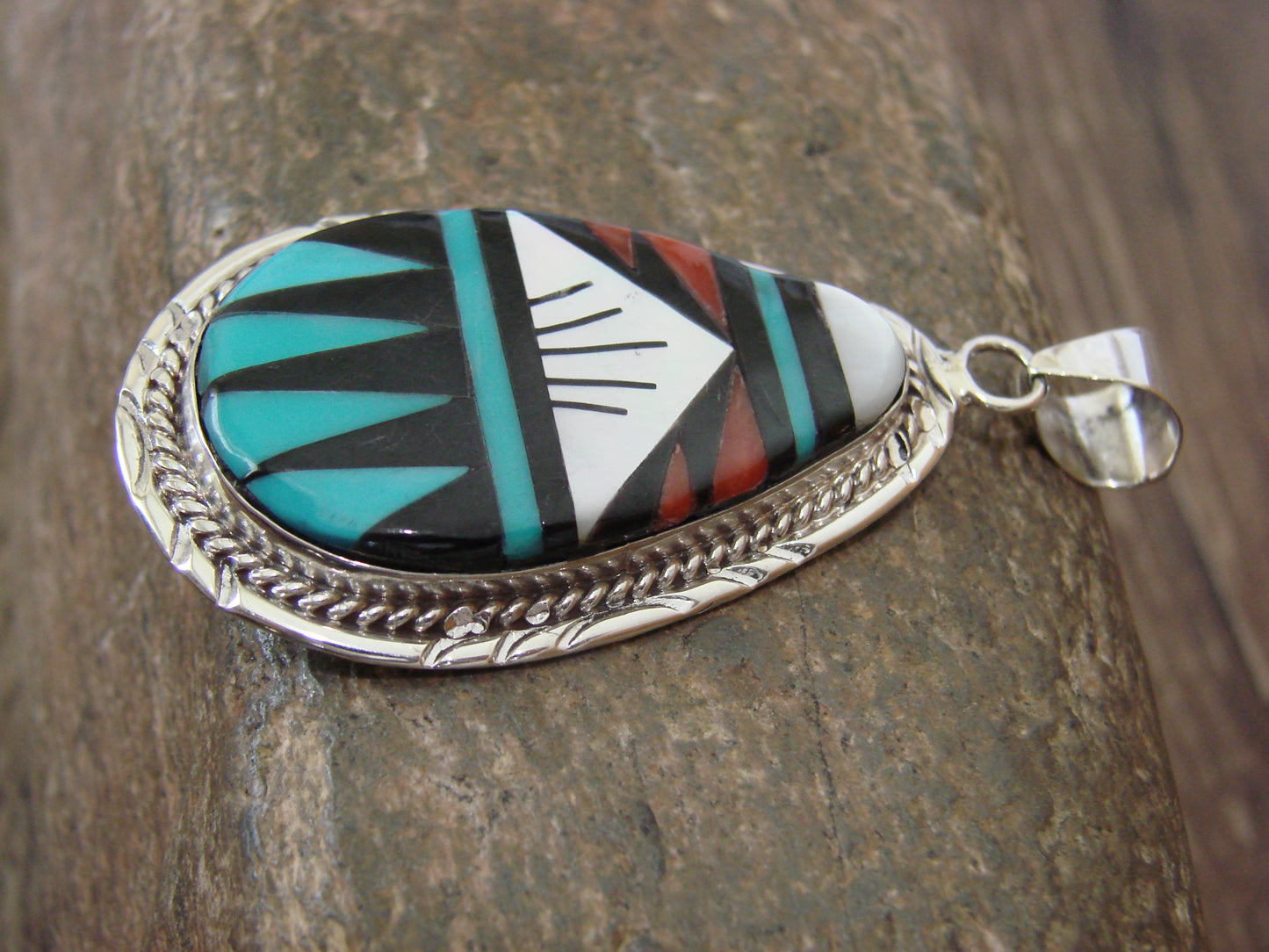 Native American Sterling Silver Multi Stone Inlay Pendant by Lamy