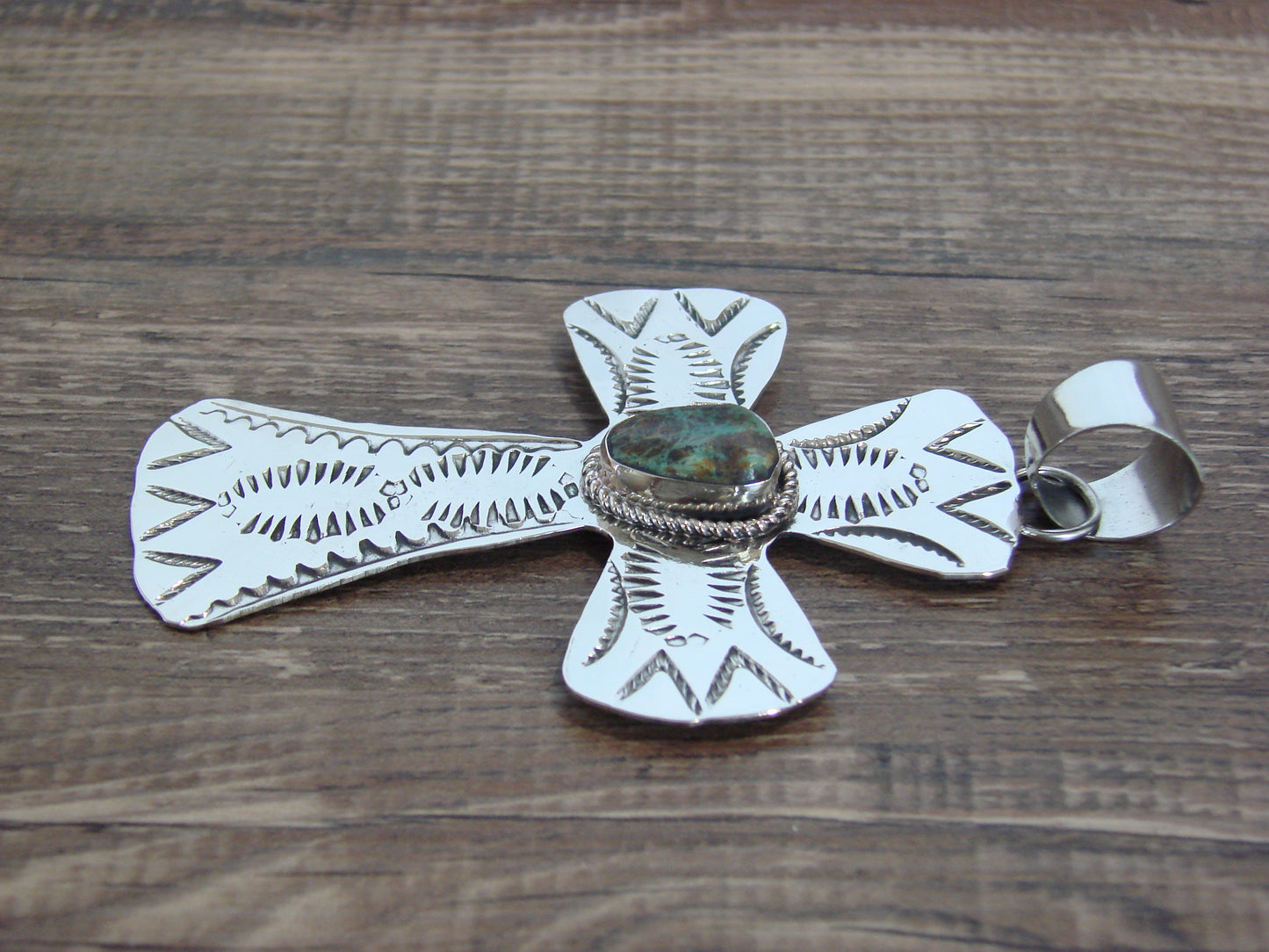 Large Native American Nickel Silver & Turquoise Cross Pendant - Cleveland