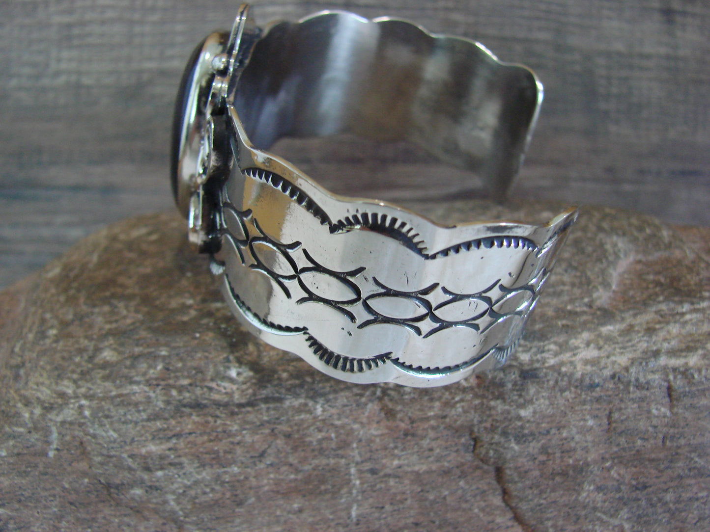 Navajo Indian Nickel Silver & Onyx Bracelet by Cleveland