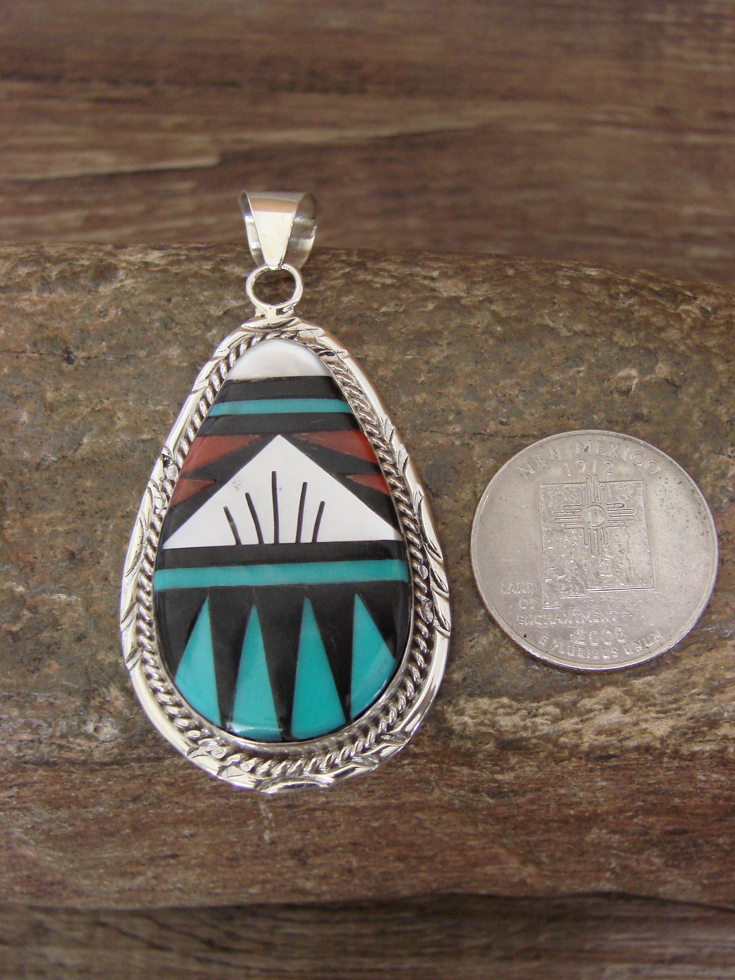 Native American Sterling Silver Multi Stone Inlay Pendant by Lamy