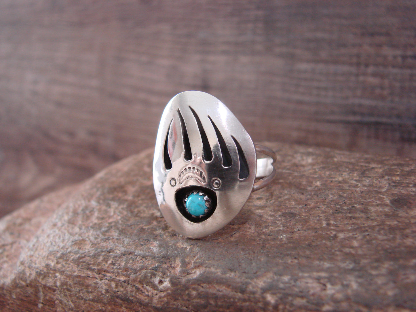 Native American Sterling Silver Turquoise Bear Paw Ring by Ervin Begay - Size 8.5