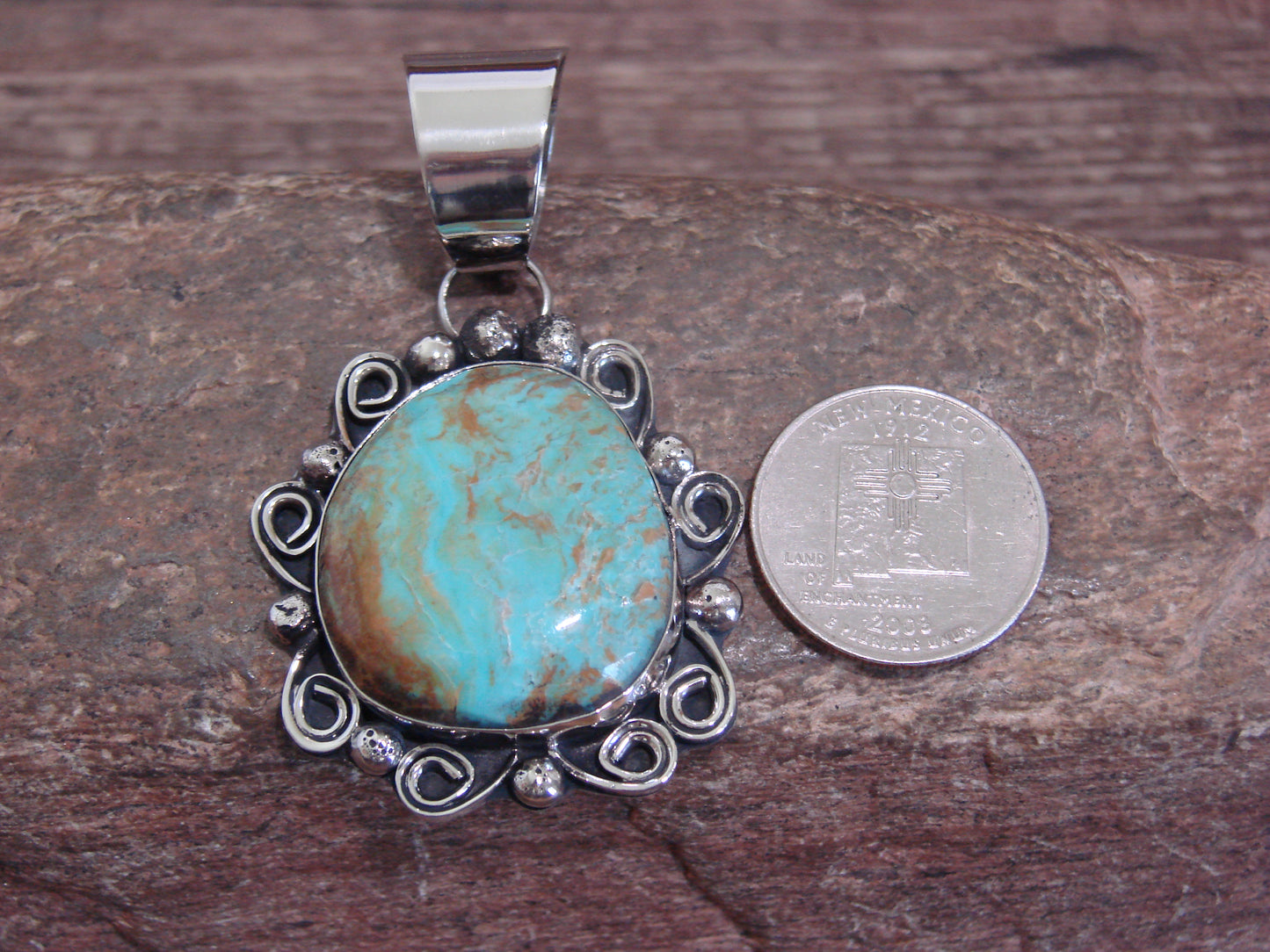 Native American Nickel Silver & Turquoise Pendant - Cleveland
