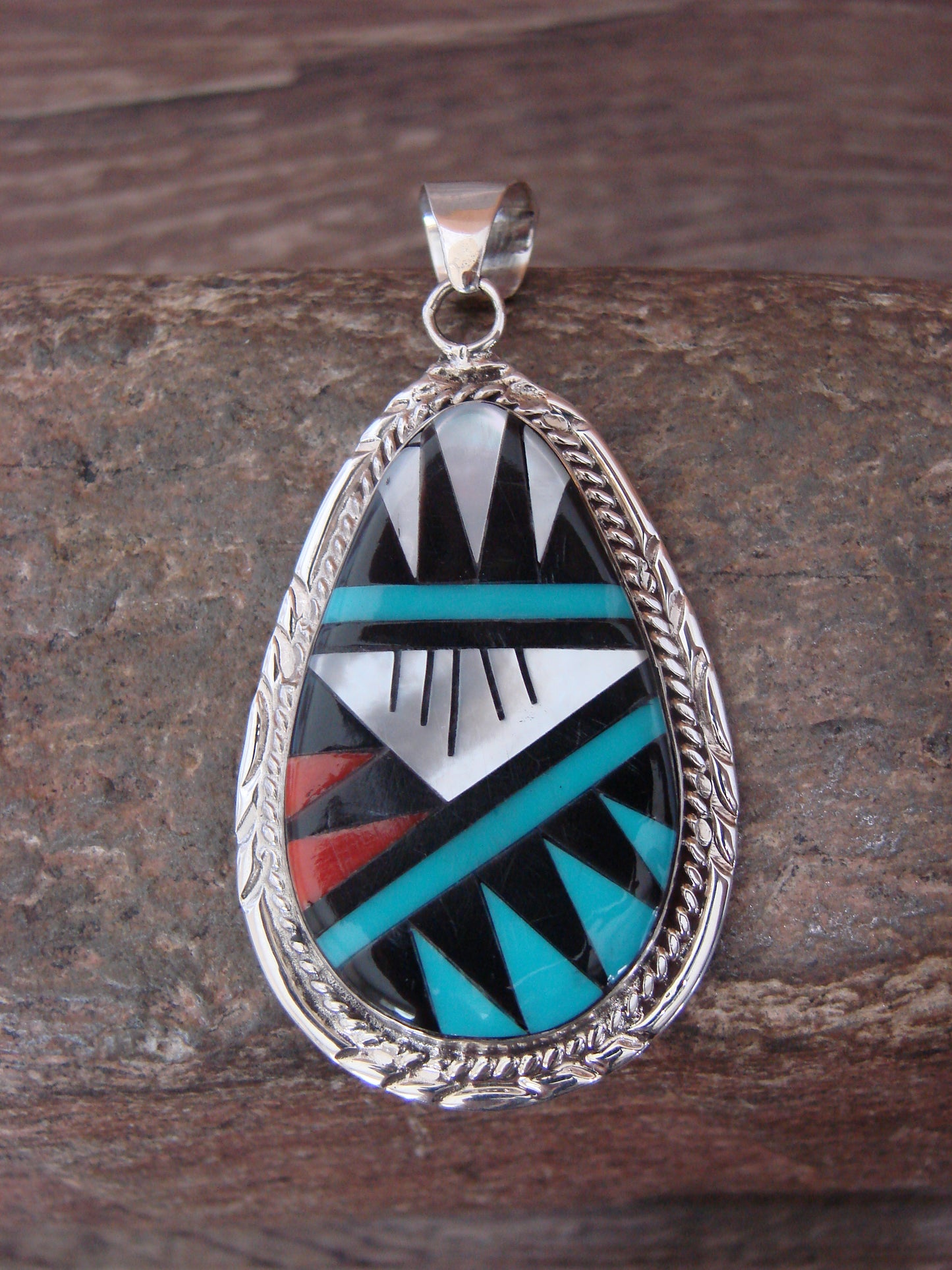 Native American Sterling Silver Multi Stone Inlay Pendant by Lamy