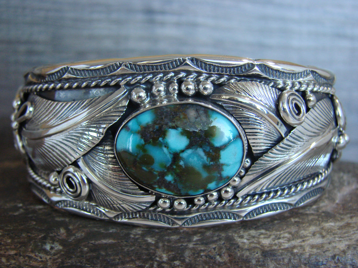 Native American Sterling Silver Turquoise Feather Bracelet - D. Morgan