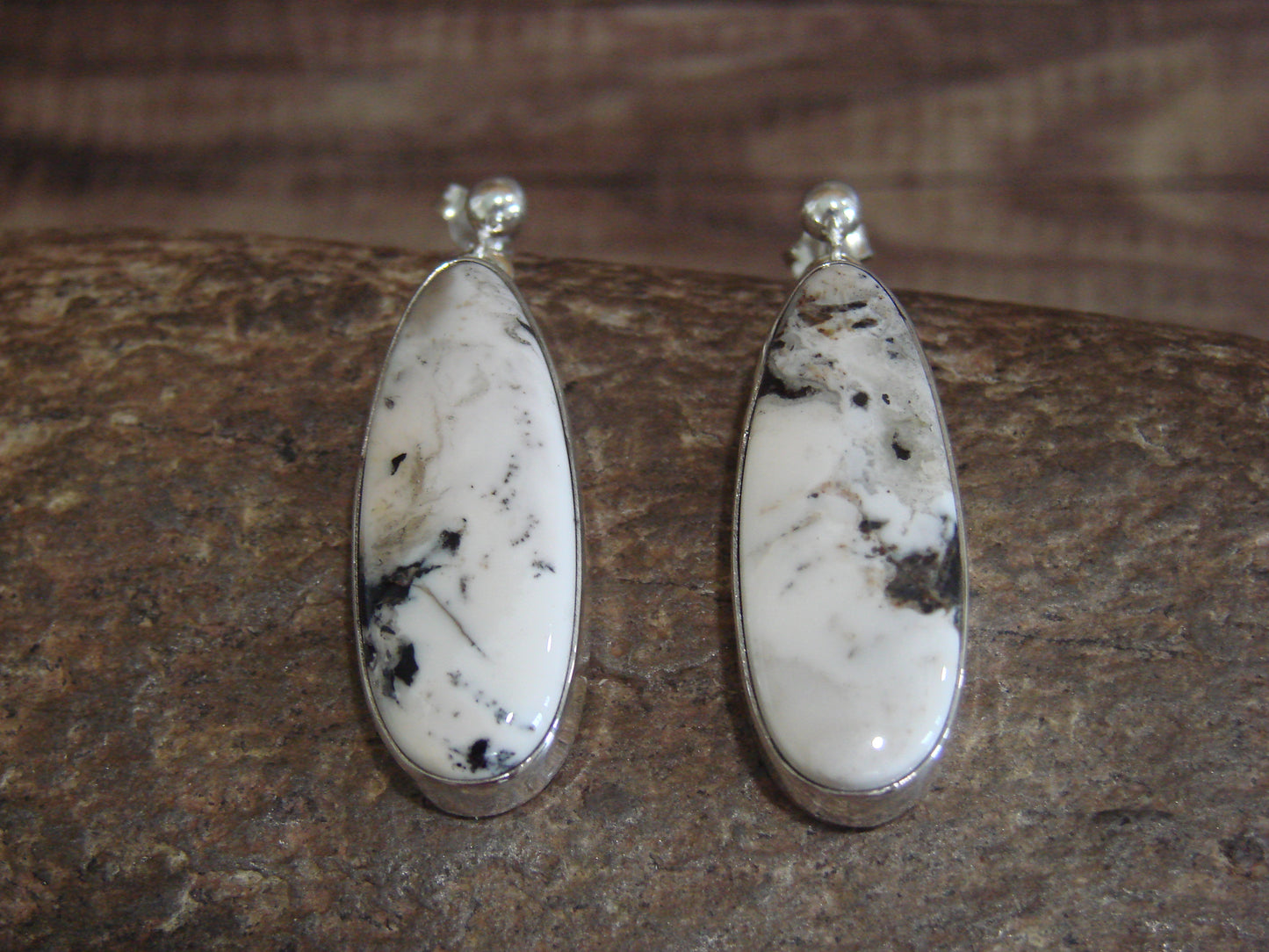 Navajo Sterling Silver & White Buffalo Turquoise Post Dangle Earrings by A