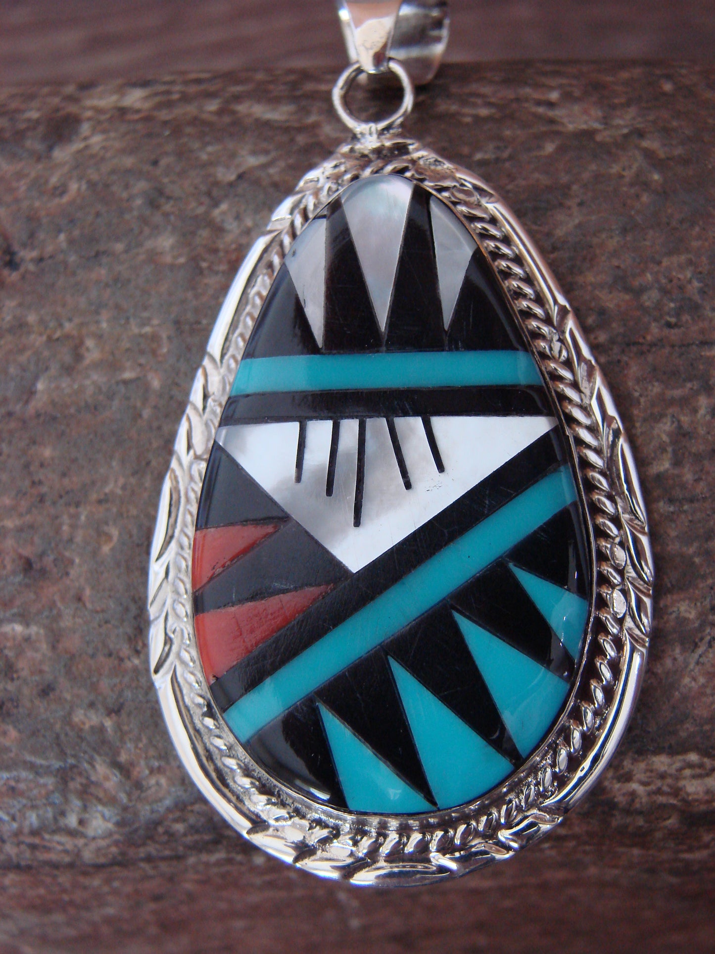 Native American Sterling Silver Multi Stone Inlay Pendant by Lamy