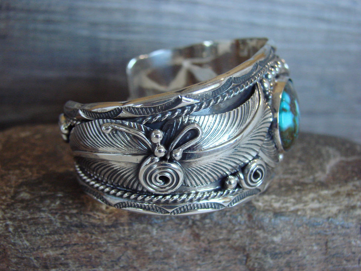 Native American Sterling Silver Turquoise Feather Bracelet - D. Morgan