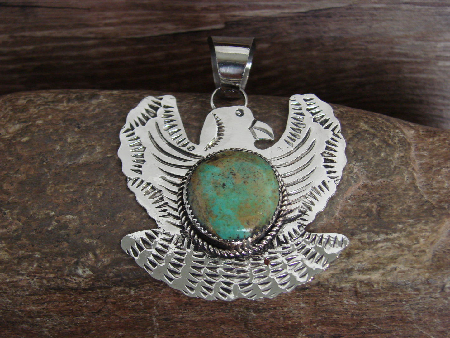 Native American Nickel Silver & Turquoise Eagle Pendant - Cleveland