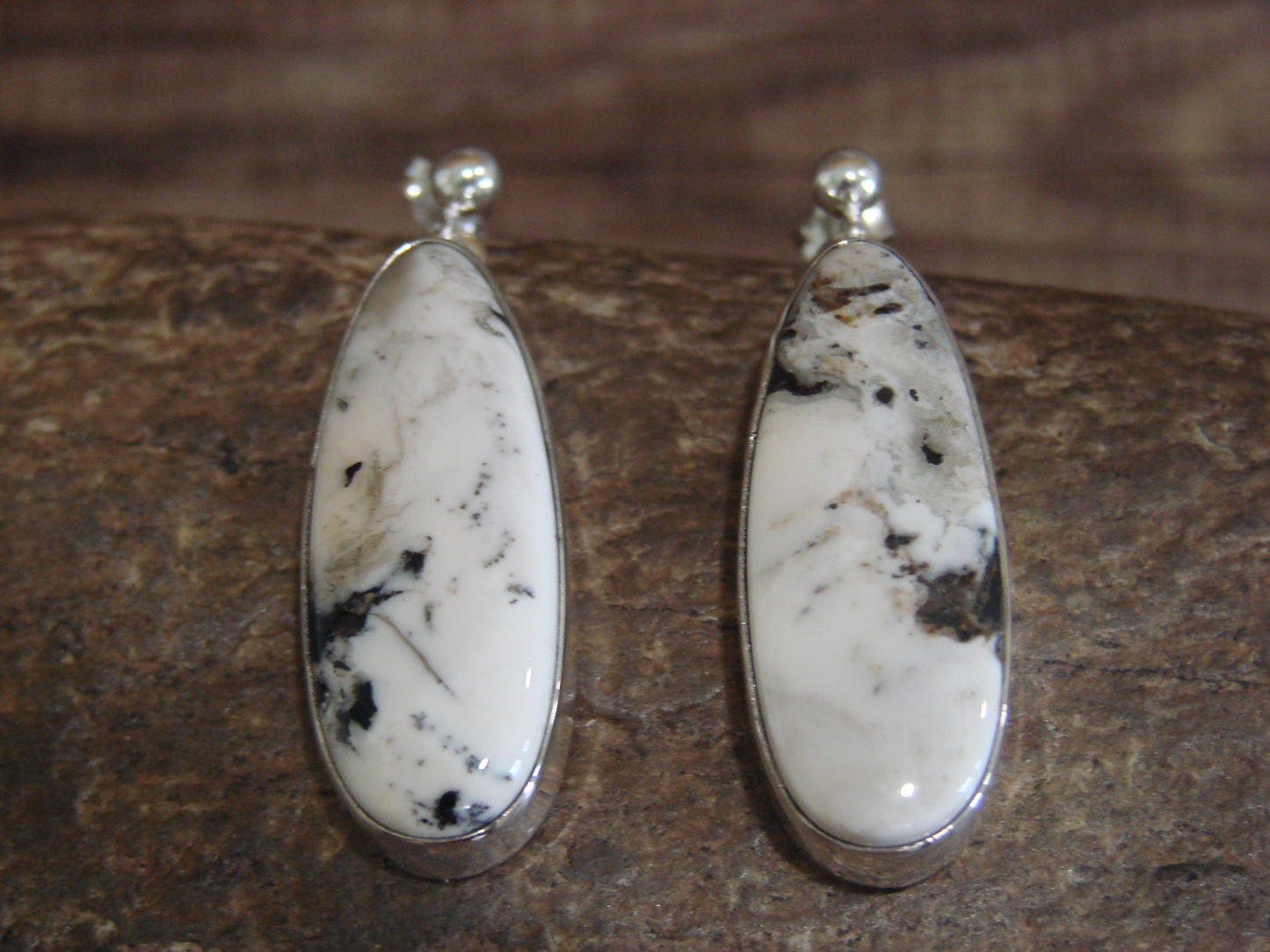 Navajo Sterling Silver & White Buffalo Turquoise Post Dangle Earrings by A