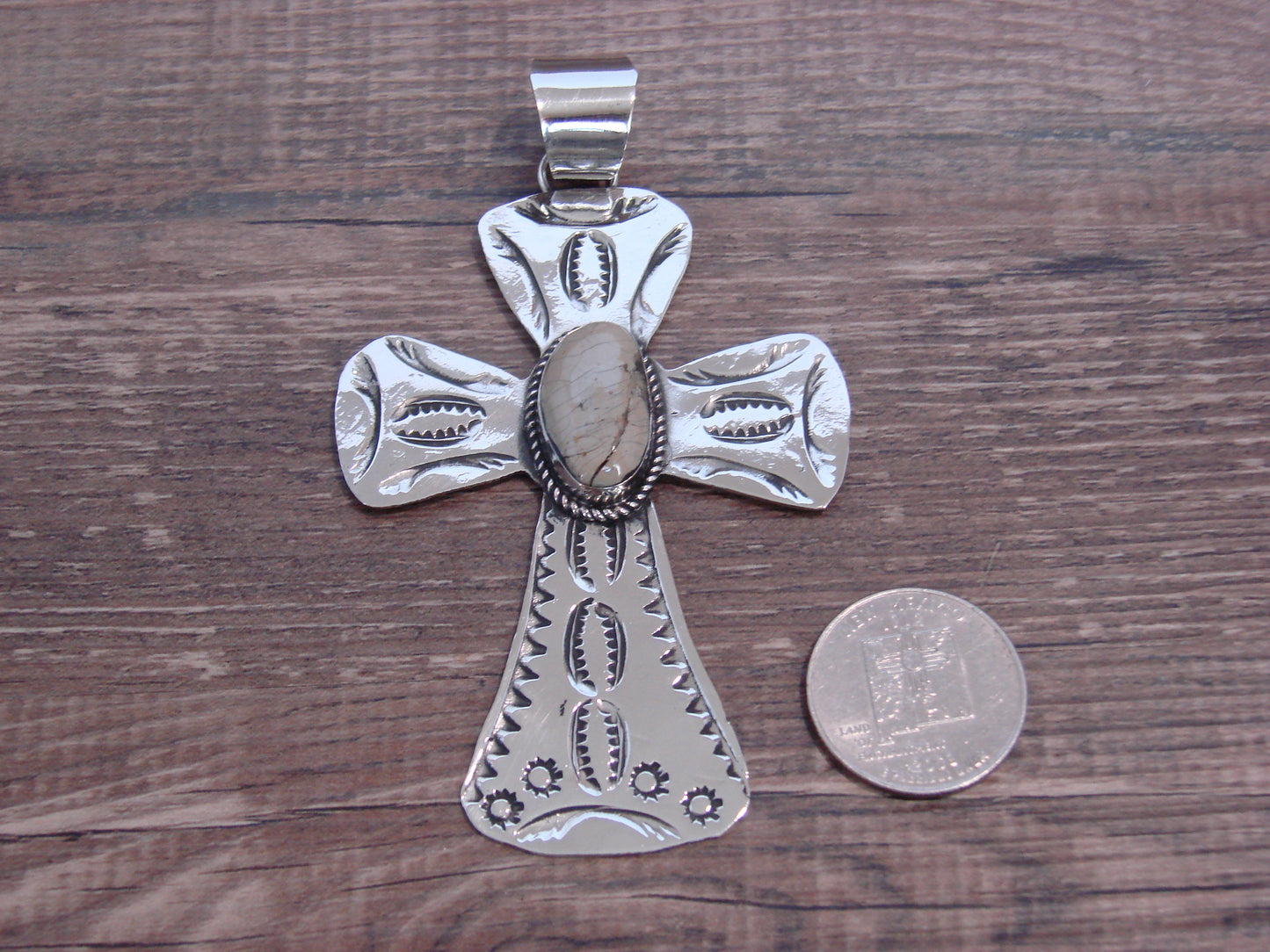 Large Native American Nickel Silver & Turquoise Cross Pendant - Cleveland