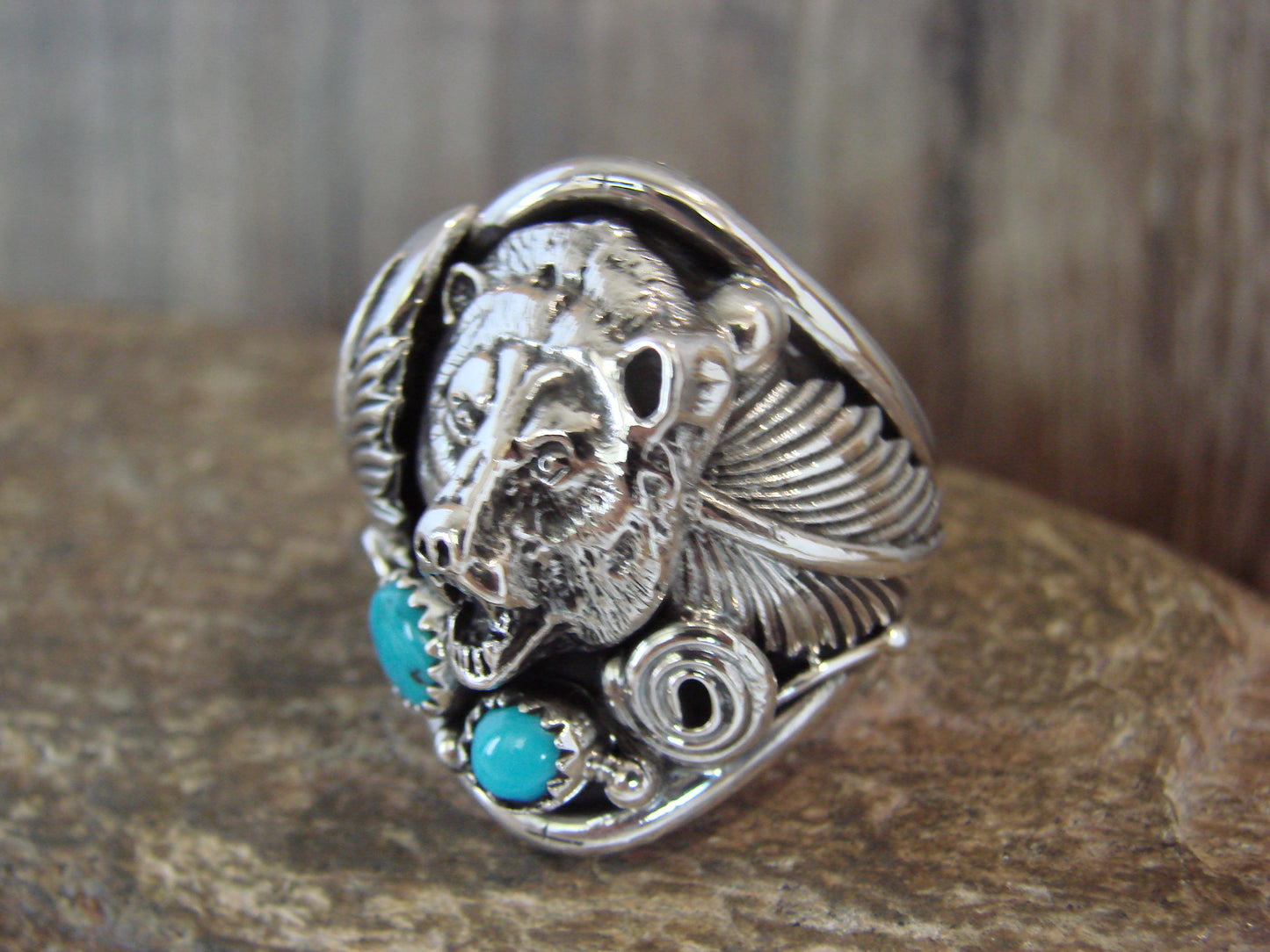 Native American Sterling Silver Turquoise Growling Bear Ring - Morgan - Size 12