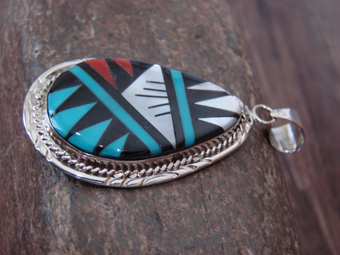 Native American Sterling Silver Multi Stone Inlay Pendant by Lamy